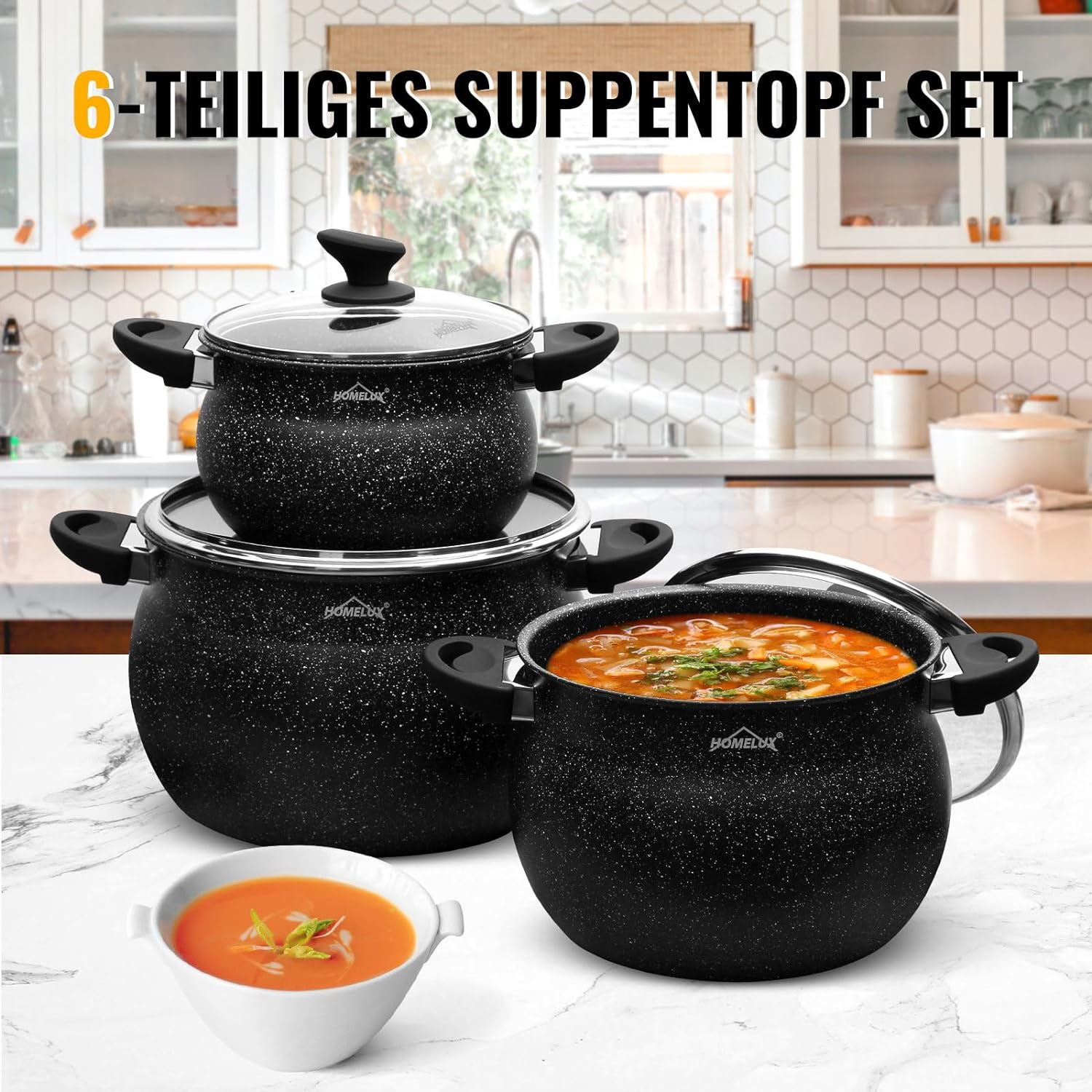 Homelux cooking pots set, induction, non-stick, dishwasher, glass lid, 20cm/4L, 24cm/8L, 28cm/12.5L