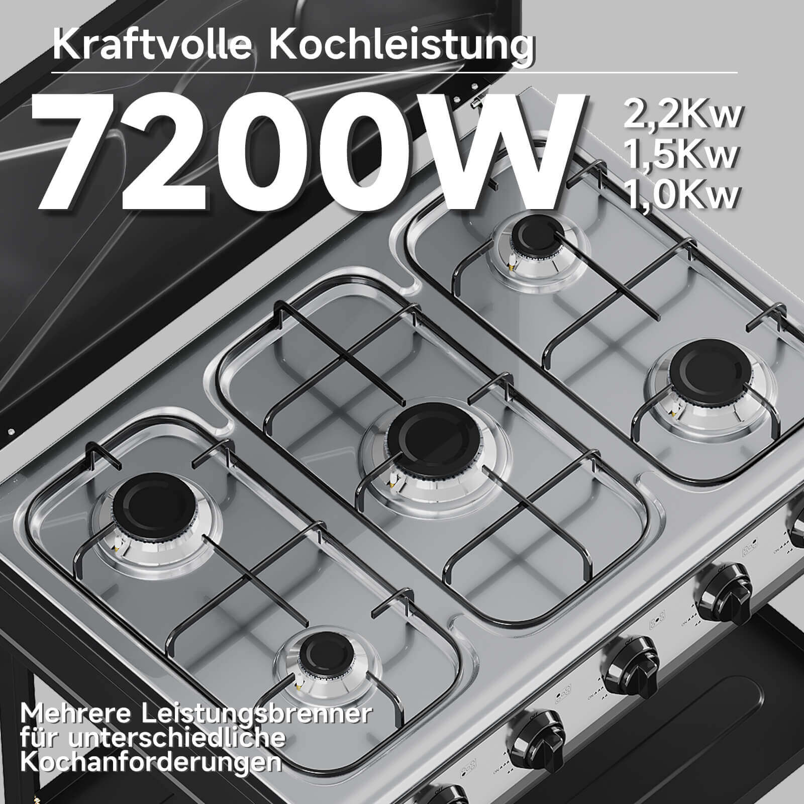 HOMELUX 5-flammiger Camping Gaskocher mit Regalen 7,2 kW Gaskocher mit 1,5 m Anschlussschlauch und 50 mbar Druckminderer
