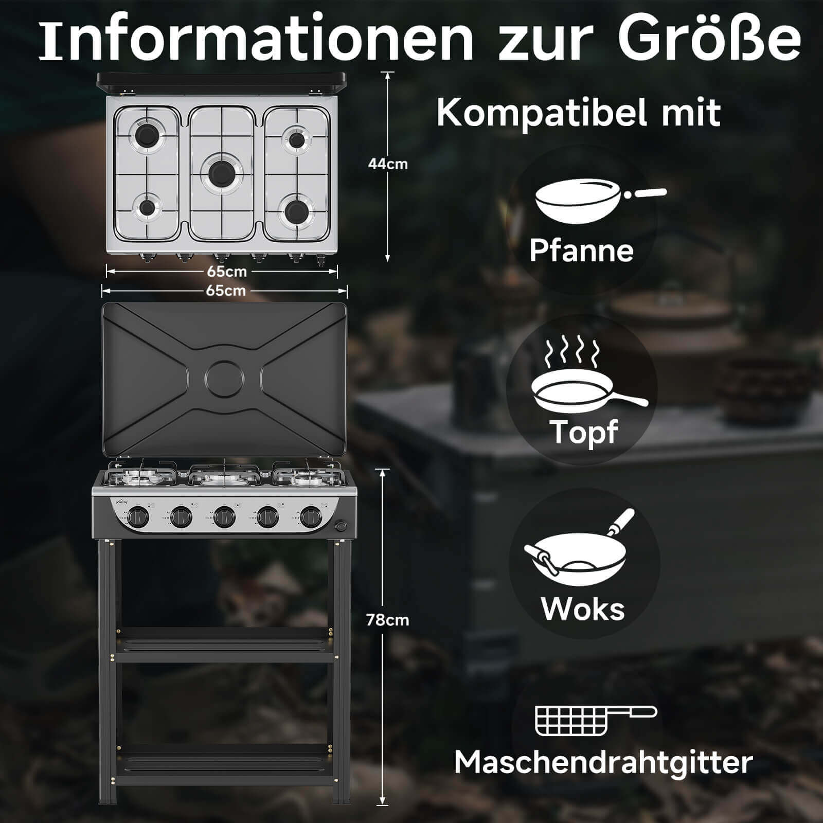 HOMELUX 5-flammiger Camping Gaskocher mit Regalen 7,2 kW Gaskocher mit 1,5 m Anschlussschlauch und 50 mbar Druckminderer