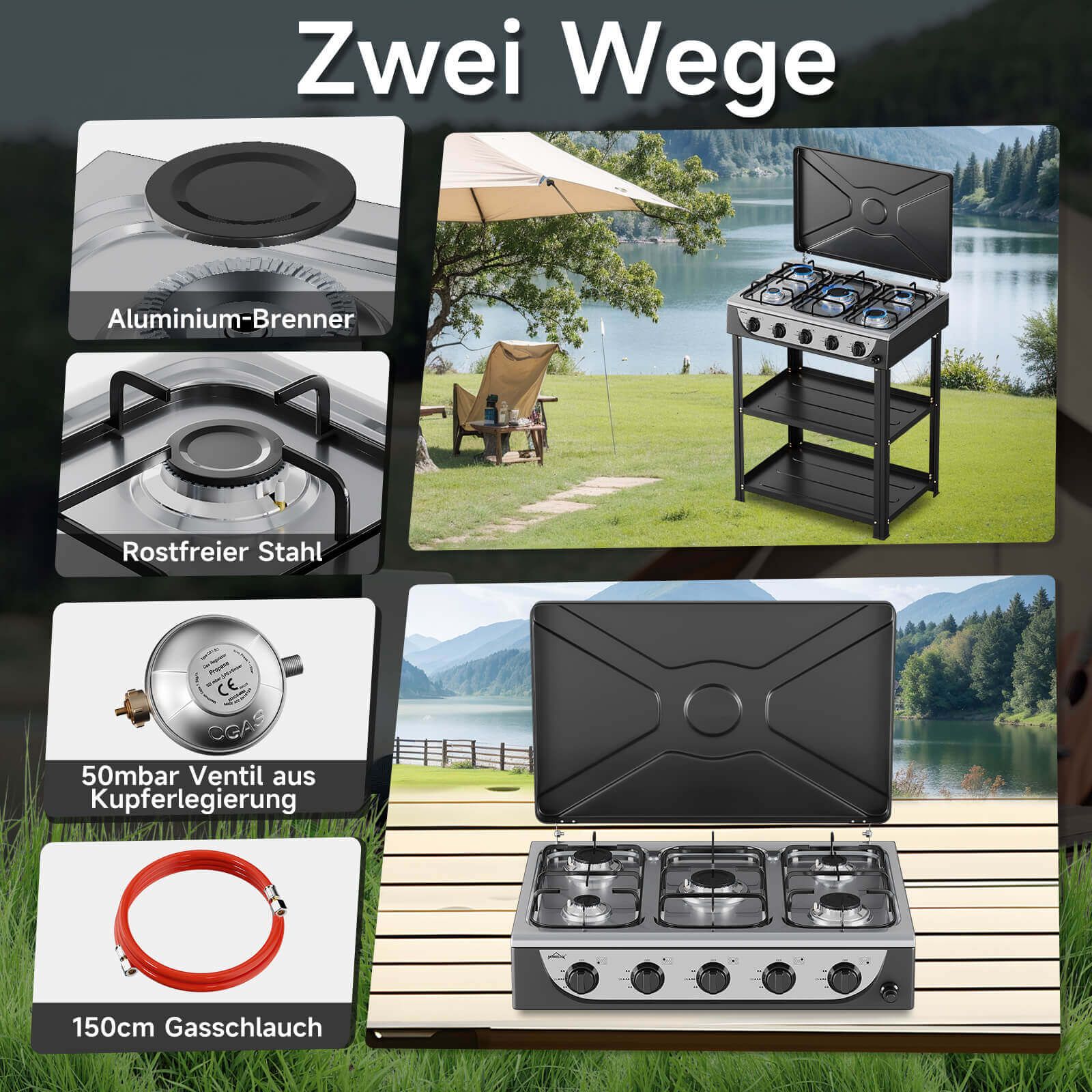 HOMELUX 5-flammiger Camping Gaskocher mit Regalen 7,2 kW Gaskocher mit 1,5 m Anschlussschlauch und 50 mbar Druckminderer