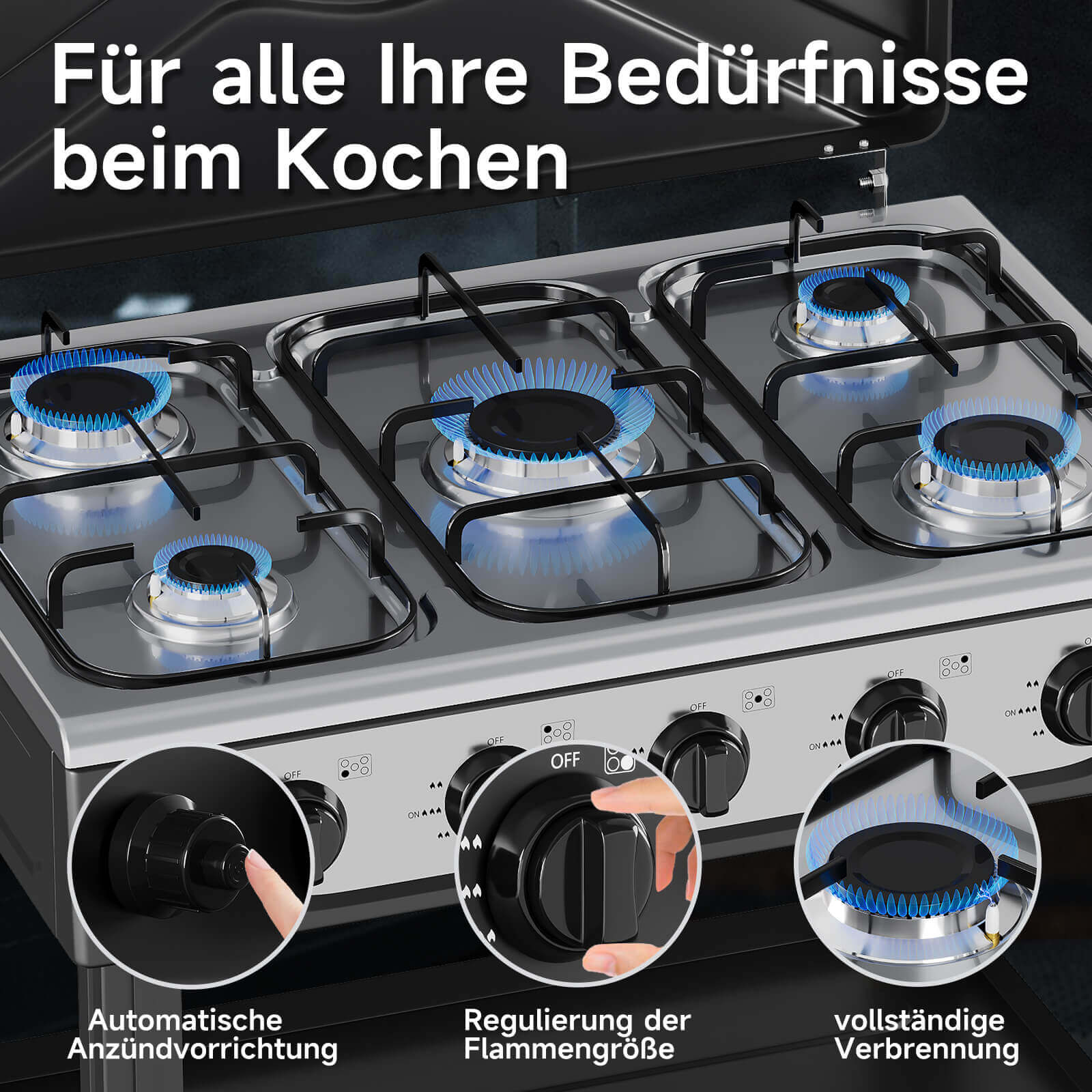 HOMELUX 5-flammiger Camping Gaskocher mit Regalen 7,2 kW Gaskocher mit 1,5 m Anschlussschlauch und 50 mbar Druckminderer
