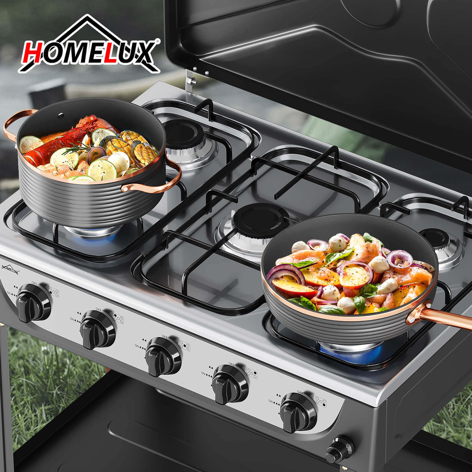 HOMELUX 5-flammiger Camping Gaskocher mit Regalen 7,2 kW Gaskocher mit 1,5 m Anschlussschlauch und 50 mbar Druckminderer
