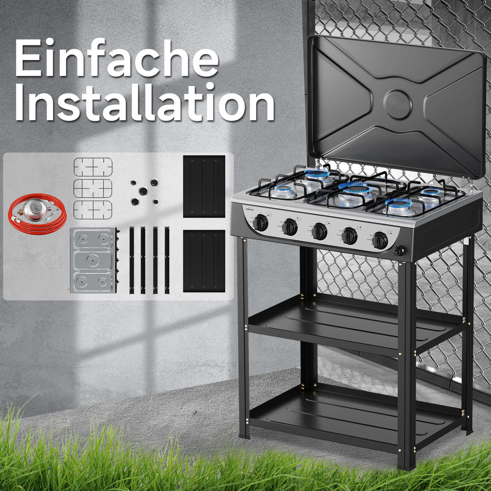 HOMELUX 5-flammiger Camping Gaskocher mit Regalen 7,2 kW Gaskocher mit 1,5 m Anschlussschlauch und 50 mbar Druckminderer
