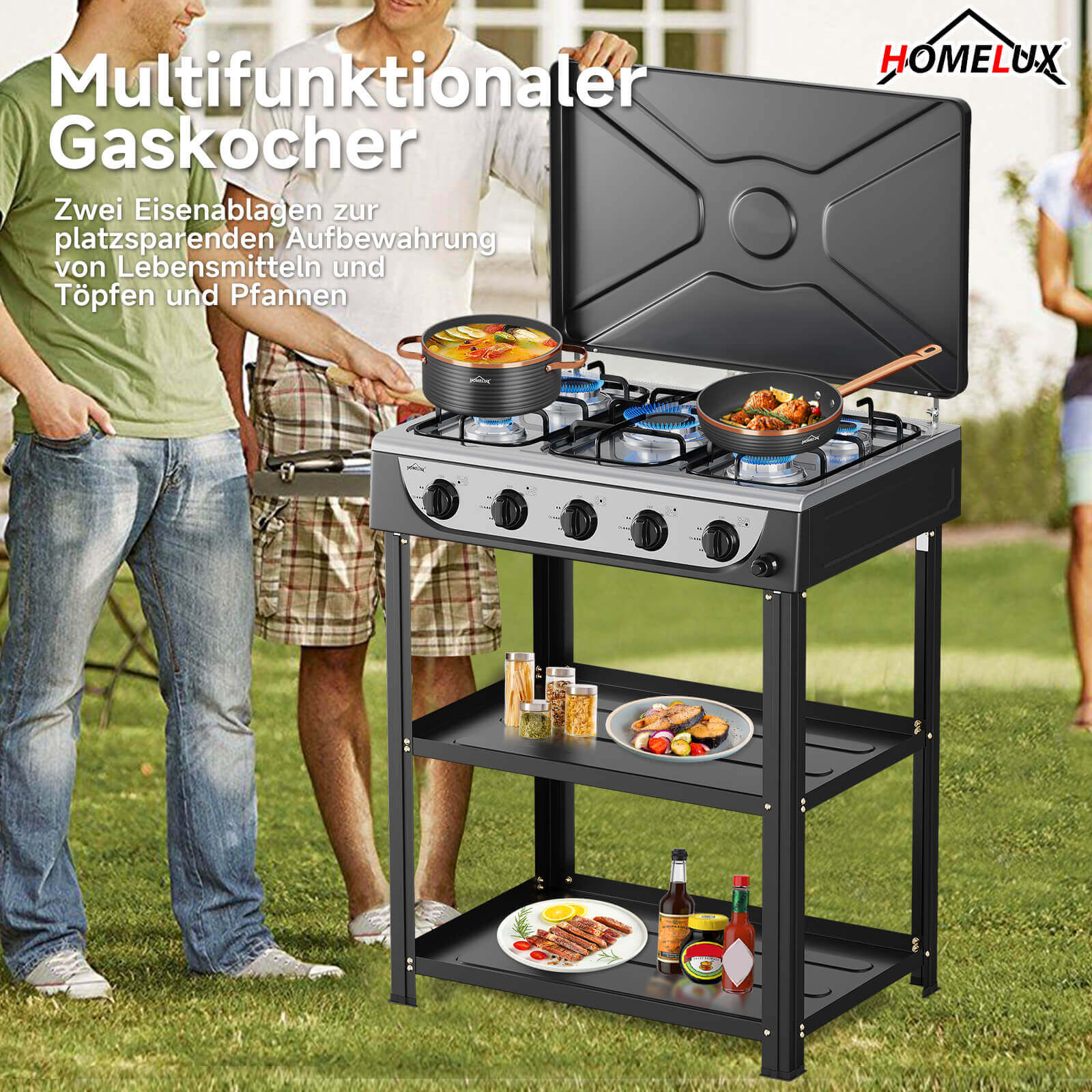 HOMELUX 5-flammiger Camping Gaskocher mit Regalen 7,2 kW Gaskocher mit 1,5 m Anschlussschlauch und 50 mbar Druckminderer