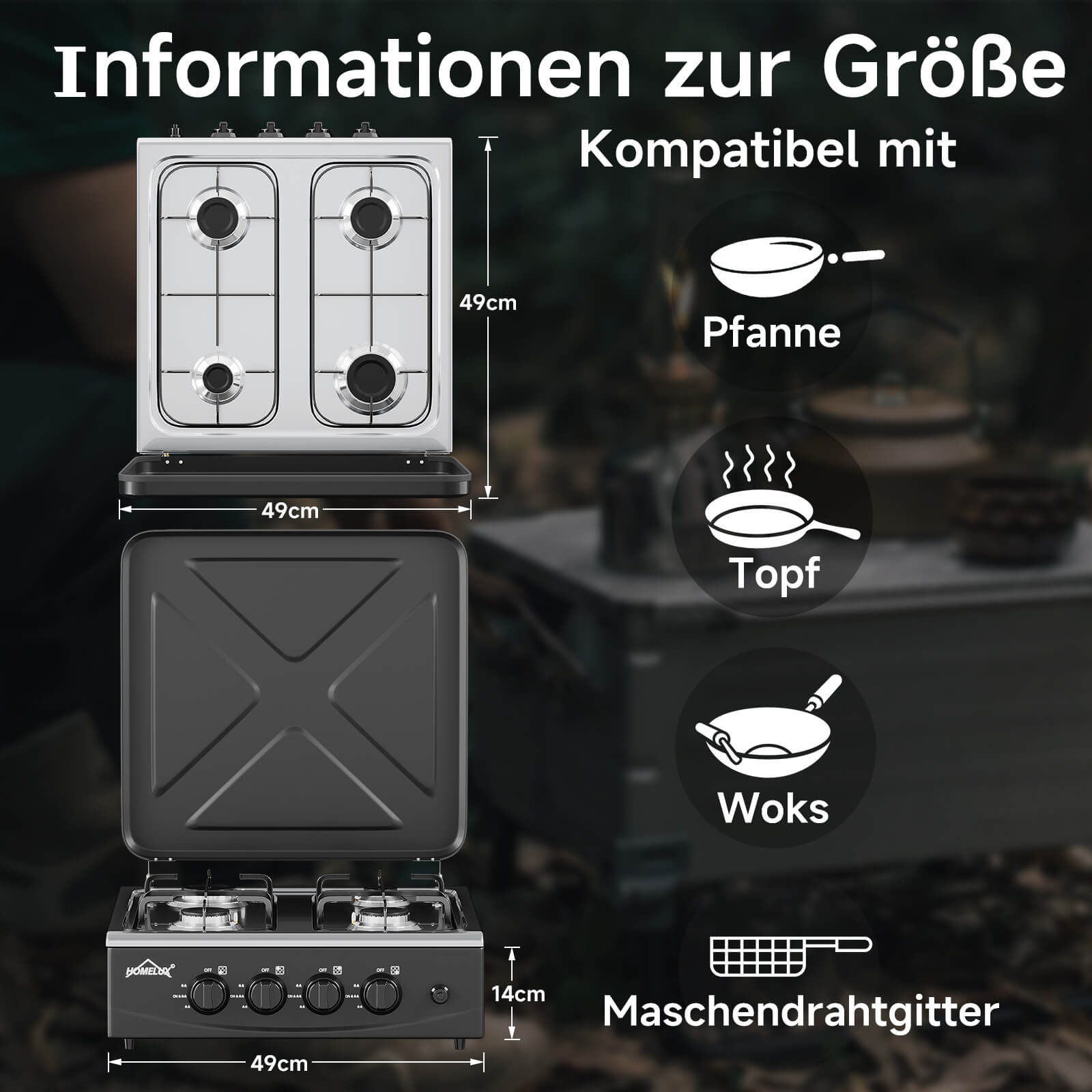 HOMELUX 4-flammiger Camping Gaskocher 6,2 kW Outdoor Kocher mit 1,5 m Anschlussschlauch & 50 mbar Druckminderer