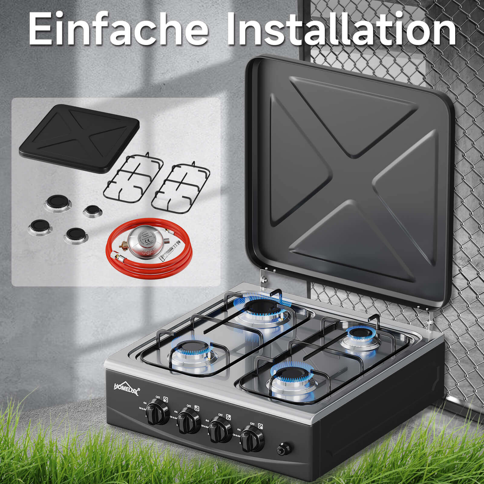 HOMELUX 4-flammiger Camping Gaskocher 6,2 kW Outdoor Kocher mit 1,5 m Anschlussschlauch & 50 mbar Druckminderer