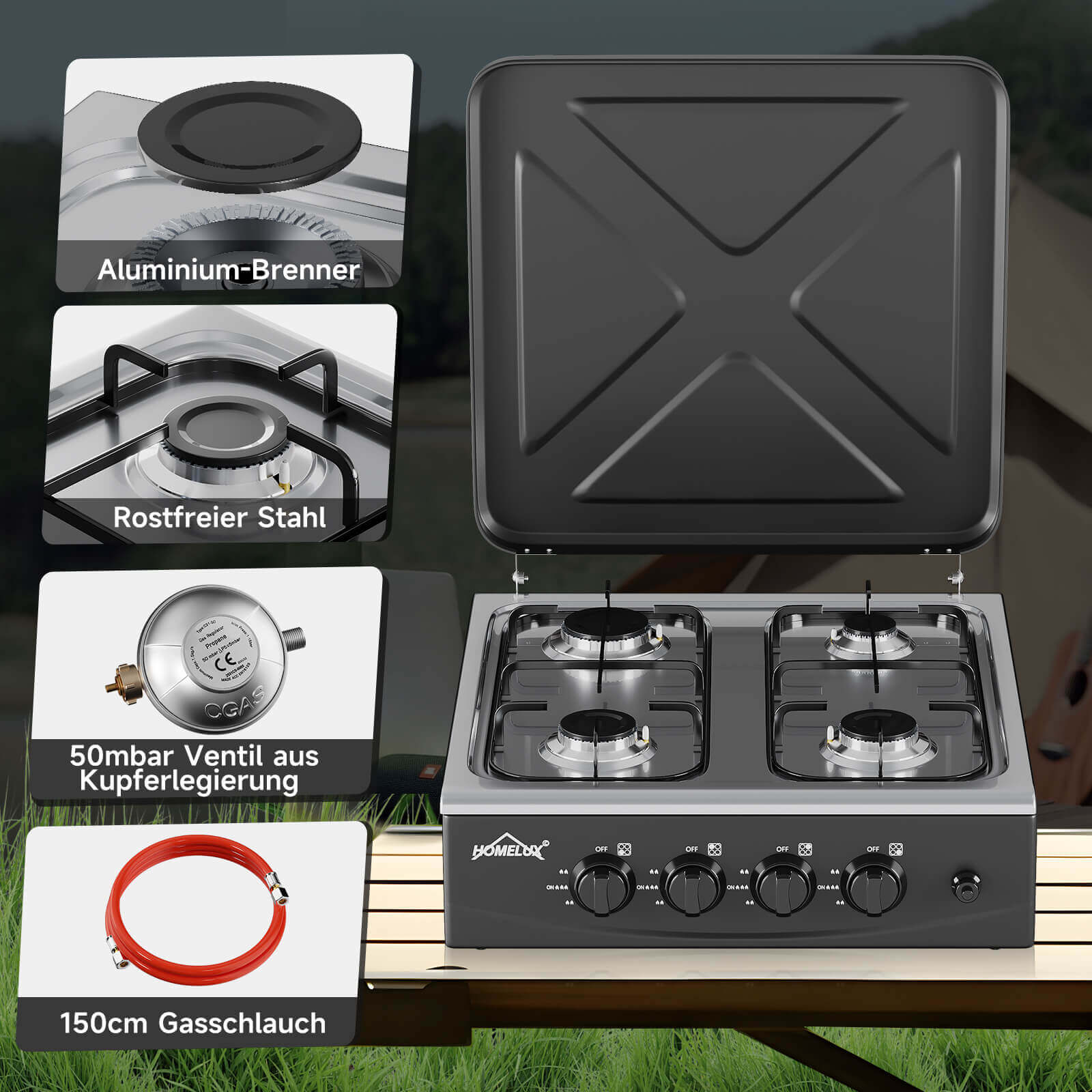 HOMELUX 4-flammiger Camping Gaskocher 6,2 kW Outdoor Kocher mit 1,5 m Anschlussschlauch & 50 mbar Druckminderer