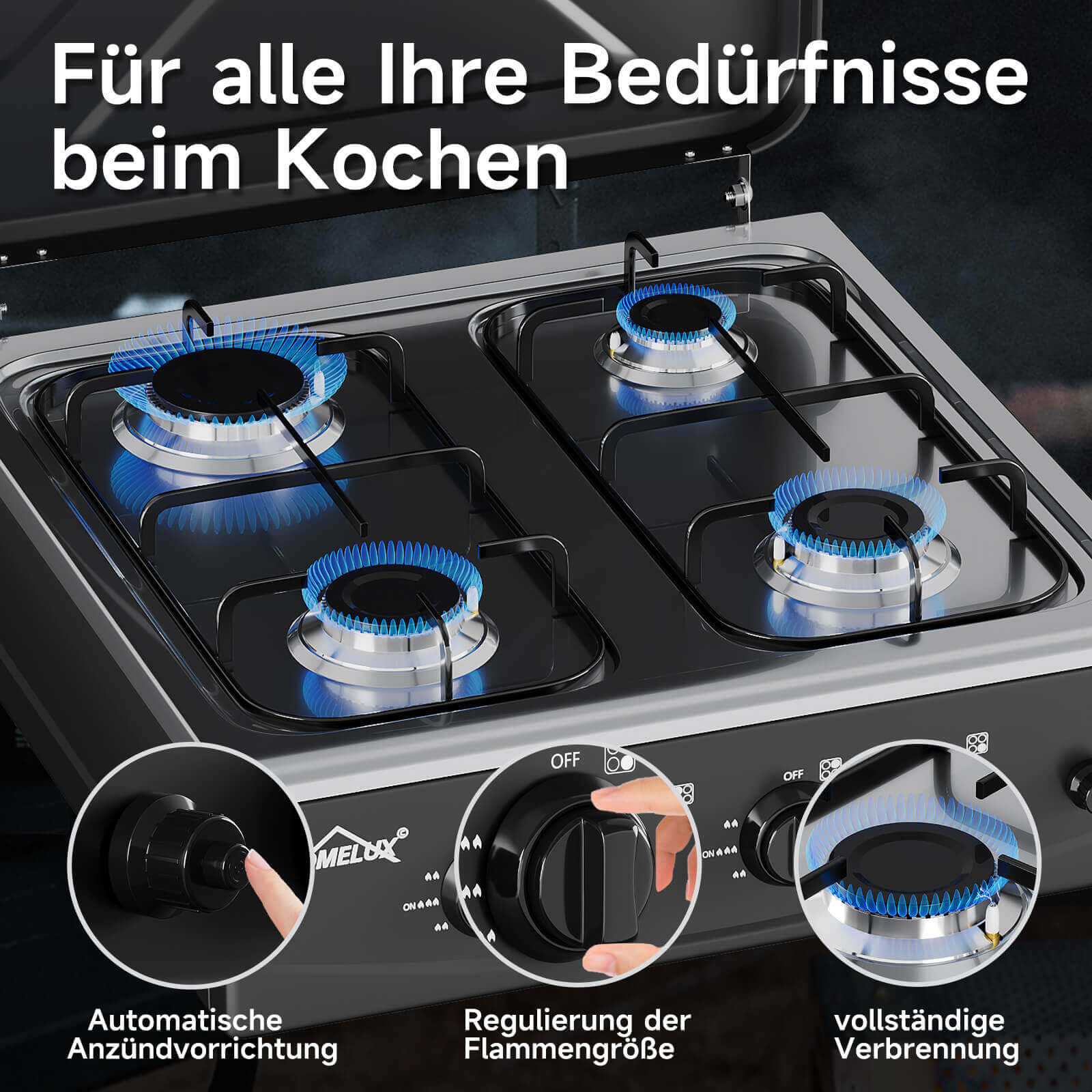 HOMELUX 4-flammiger Camping Gaskocher 6,2 kW Outdoor Kocher mit 1,5 m Anschlussschlauch & 50 mbar Druckminderer