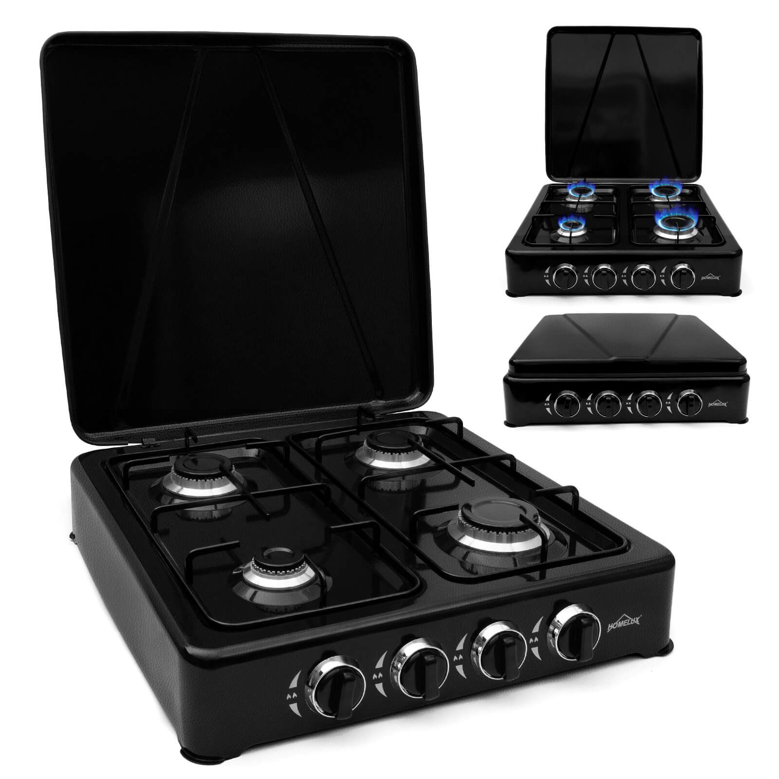 HOMELUX Gaskocher 4 flammig Campingkocher mit Deckel 6,2 kW Kocher Gas Herd Outdoor