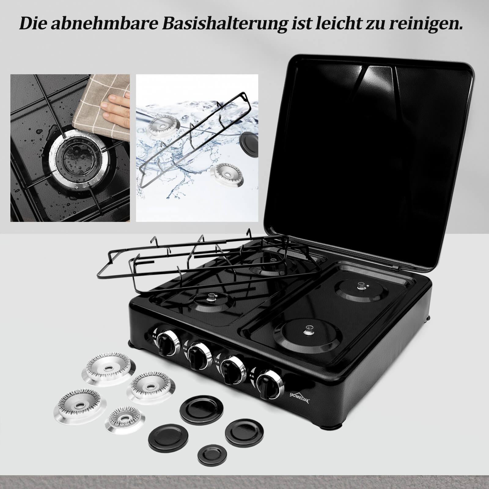 HOMELUX 6,2 KW Gaskocher,4 flammig Campingkocher Kochfeld Kocher mit Deckel Herd Gas Outdoor