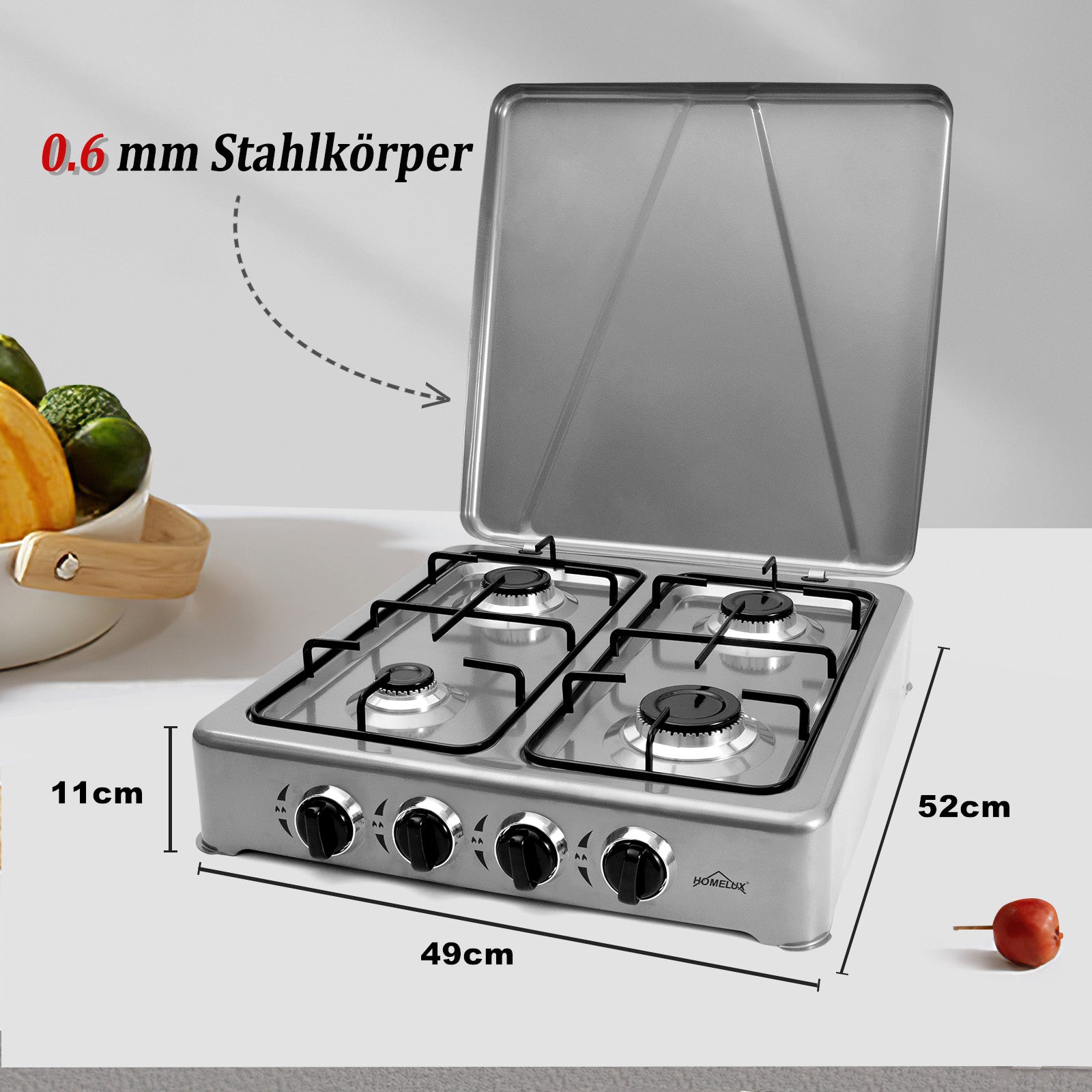 HOMELUX 6,2 KW Gaskocher,4 flammig Campingkocher Kochfeld Kocher mit Deckel Herd Gas Outdoor