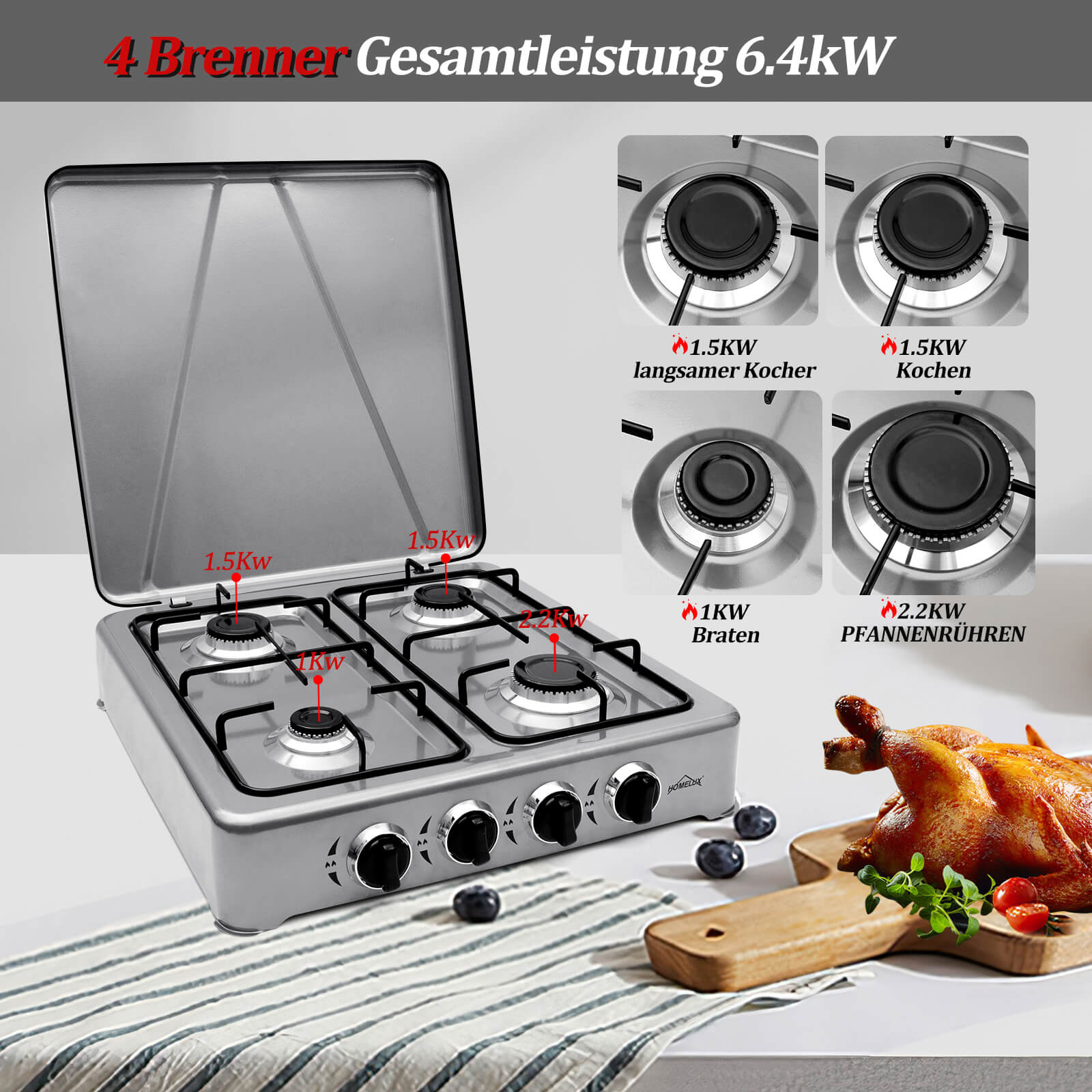 HOMELUX 6,2 KW Gaskocher,4 flammig Campingkocher Kochfeld Kocher mit Deckel Herd Gas Outdoor