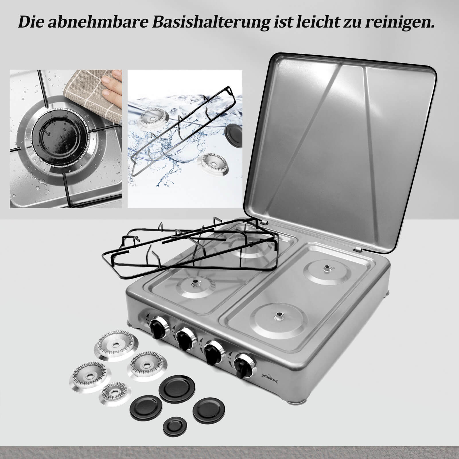 HOMELUX 6,2 KW Gaskocher,4 flammig Campingkocher Kochfeld Kocher mit Deckel Herd Gas Outdoor