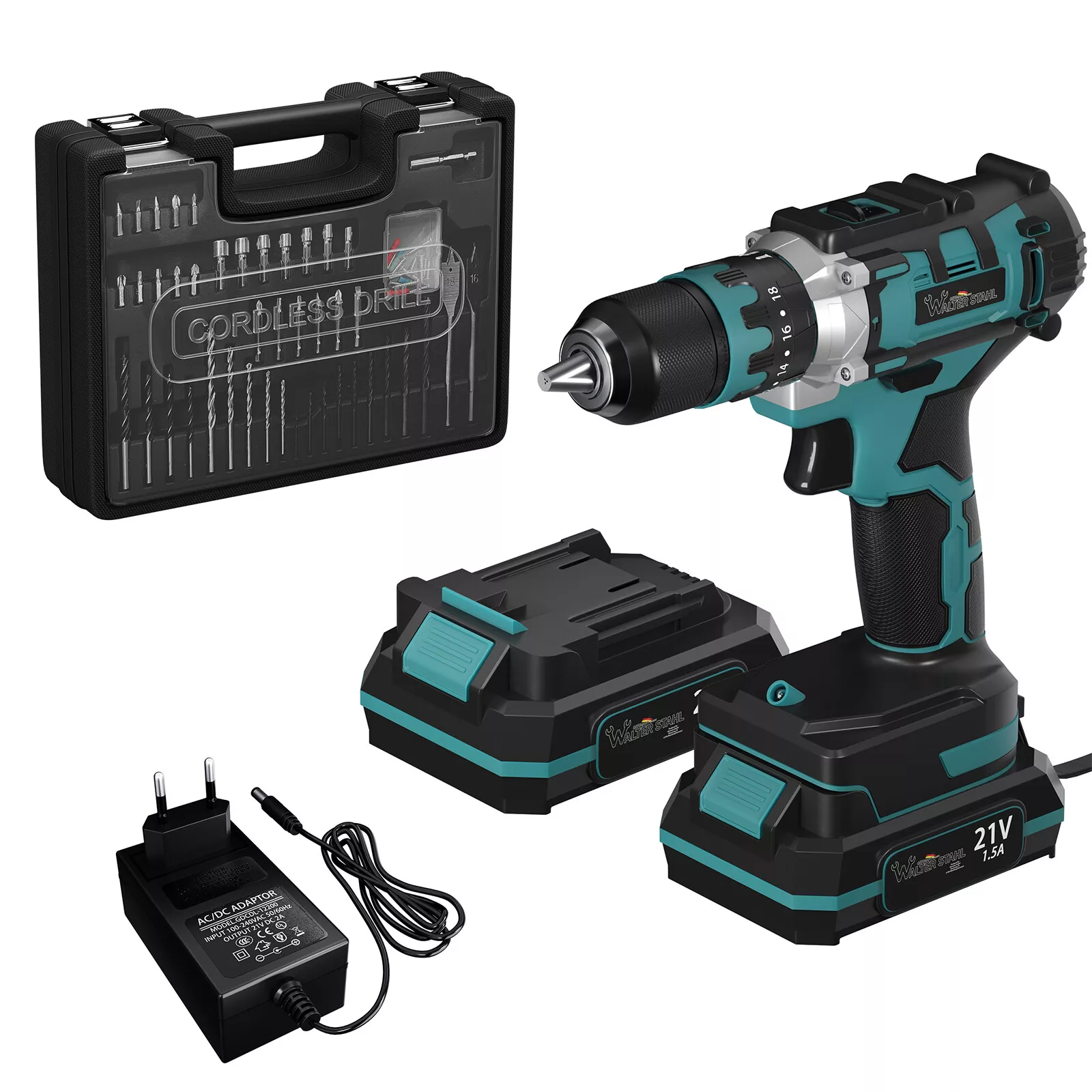 Akkuschrauber Set 21V mit 2 Batterien 1.5Ah, 2 Stufen, 18+1 Drehmomentstufen und LED-Beleuchtung, inkl. Schnelllader