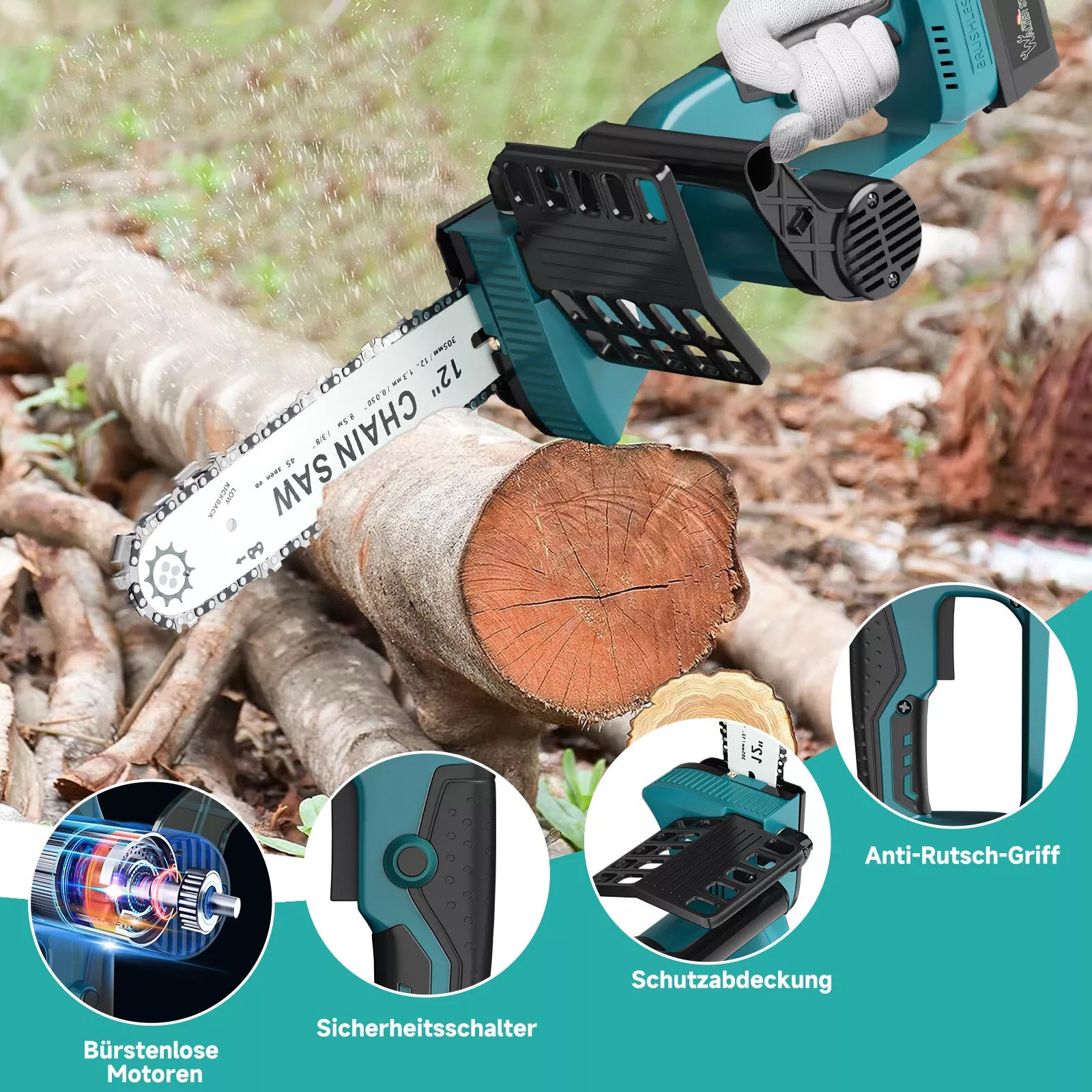Ideal für Profis und Heimwerker – effiziente Akku-Kettensäge im Garten.