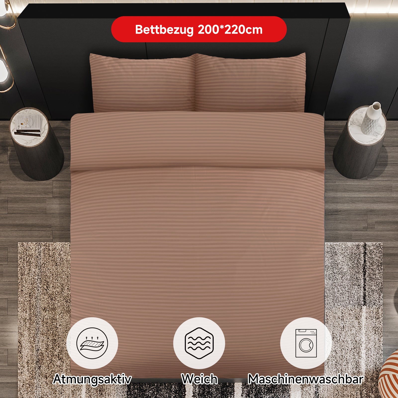 Bettwäsche Sets 220x240 4pcs Bettbezüge 200 x 220 1er Set 50x70 2er Kissenbezüge Braun