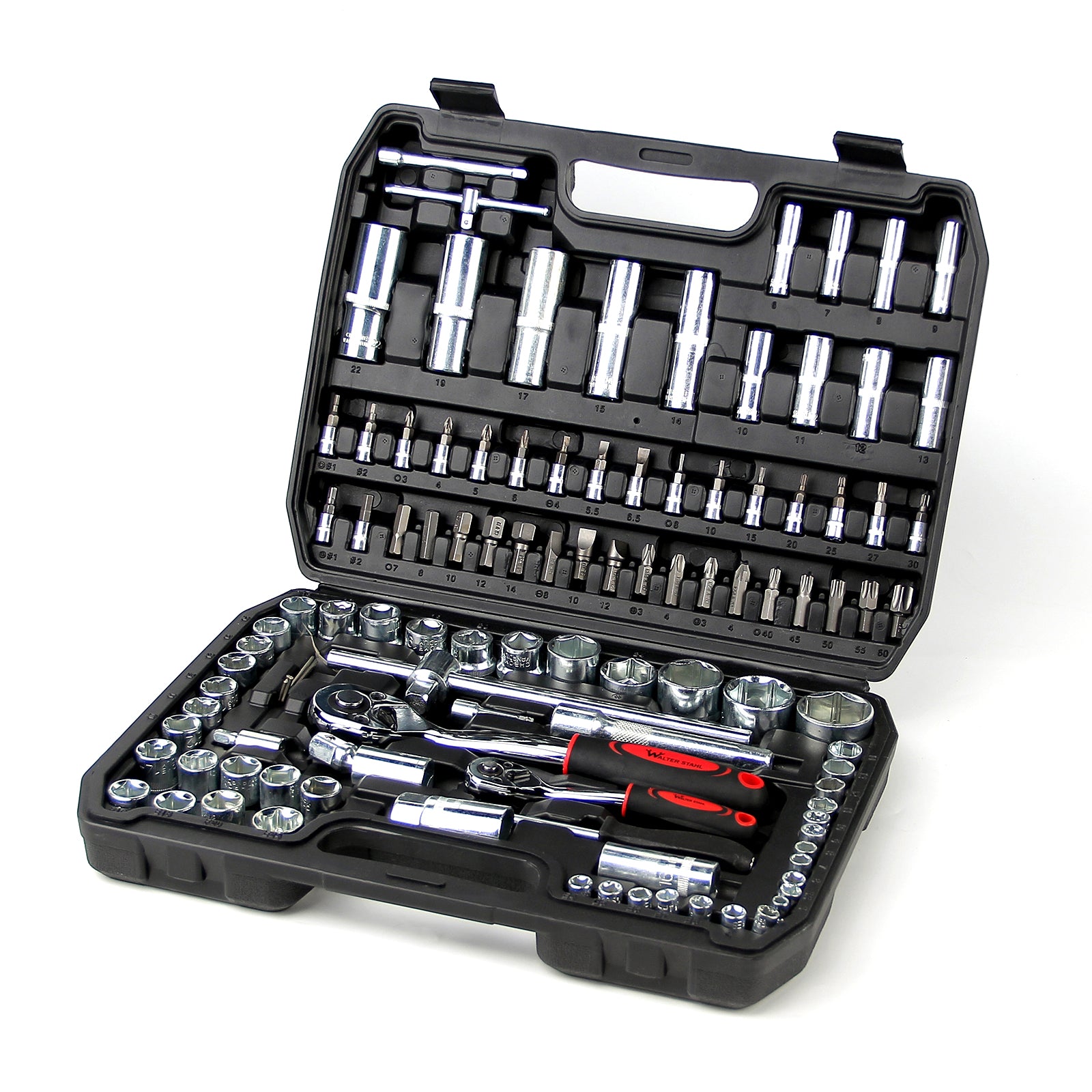 108-teiliges Steckschlüssel-Set mit 1/2 und 1/4 Zoll Knarren, E-Torx, Tief- und Flachnüssen im stabilen Koffer