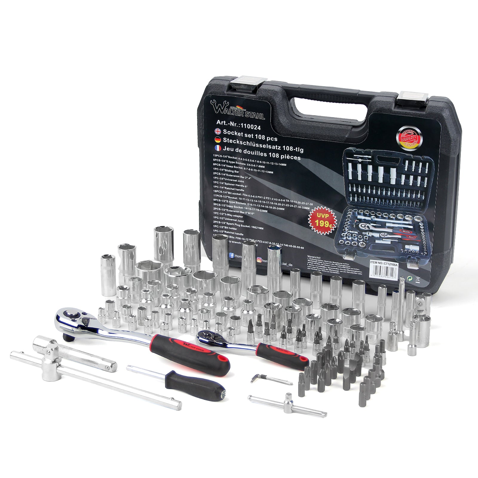 108-teiliges Steckschlüssel-Set mit 1/2 und 1/4 Zoll Knarren, E-Torx, Tief- und Flachnüssen im stabilen Koffer