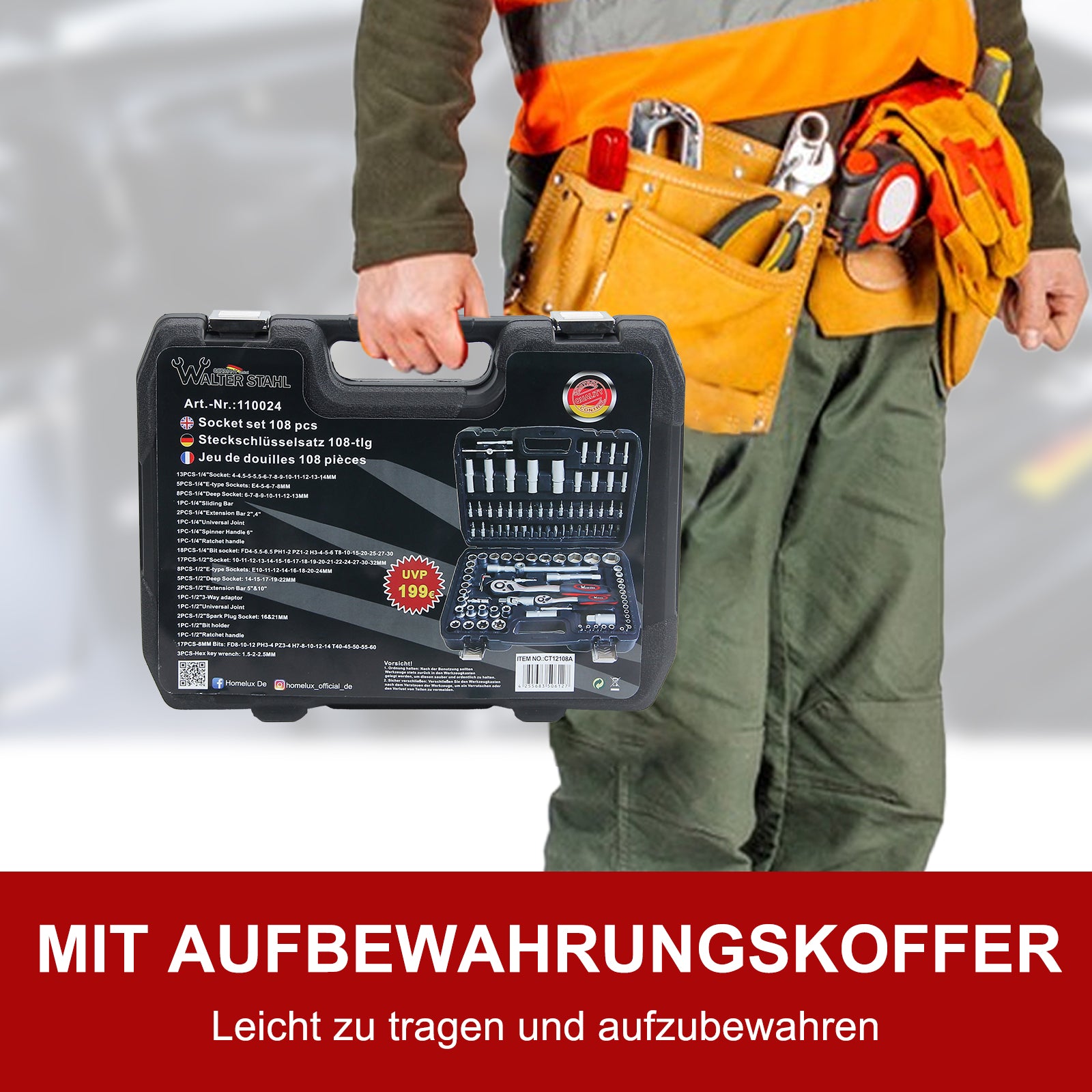 108-teiliges Steckschlüssel-Set mit 1/2 und 1/4 Zoll Knarren, E-Torx, Tief- und Flachnüssen im stabilen Koffer