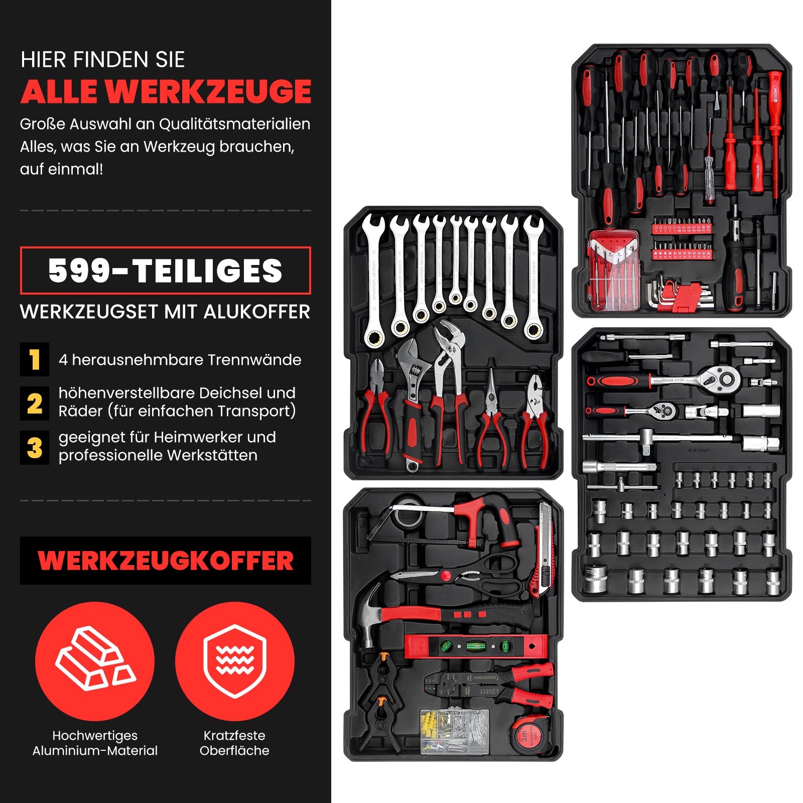 Werkzeugkoffer 599-tlg, Aluminiumkoffer, vielseitiges Werkzeugset für Werkstatt & Haushalt