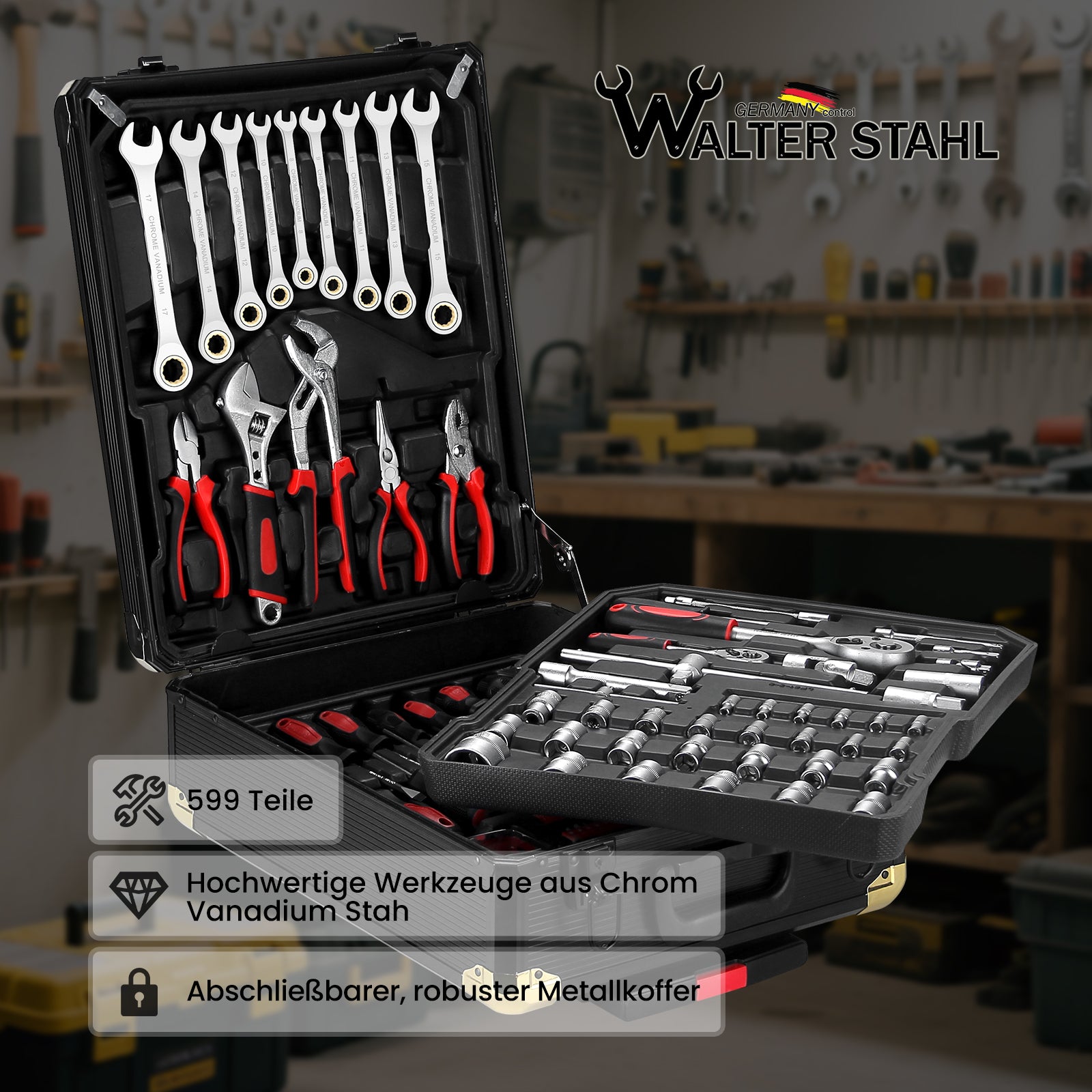 Werkzeugkoffer 599-tlg, Aluminiumkoffer, vielseitiges Werkzeugset für Werkstatt & Haushalt