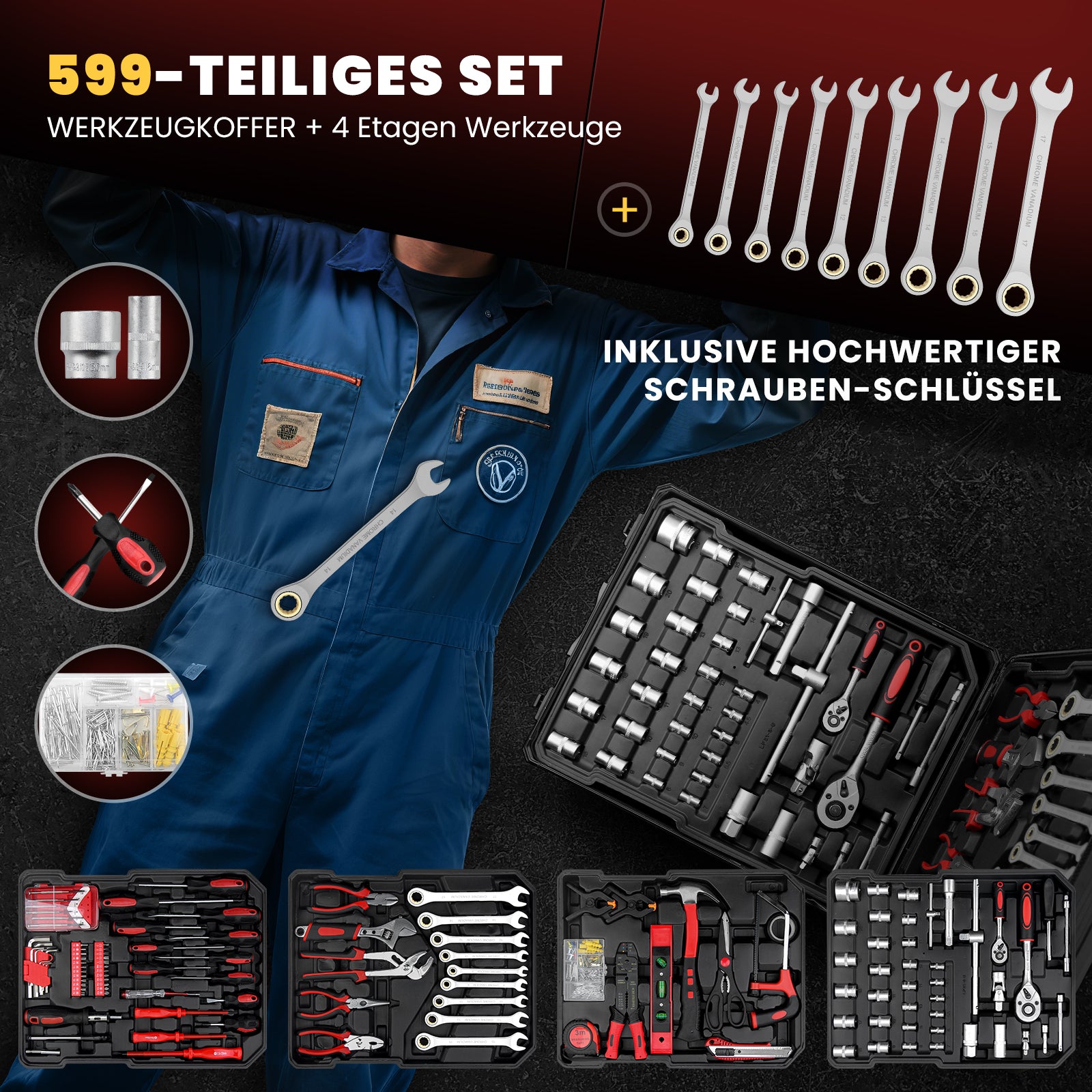 Werkzeugkoffer 599-tlg, Aluminiumkoffer, vielseitiges Werkzeugset für Werkstatt & Haushalt