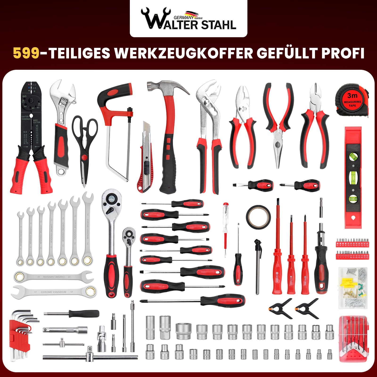 Werkzeugkoffer 599-tlg, Aluminiumkoffer, vielseitiges Werkzeugset für Werkstatt & Haushalt