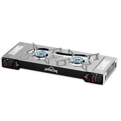 Schnelles Kochen im Freien mit dem Homelux Hochleistungs-Kochsystem mit 2 leistungsstarken Flammen.