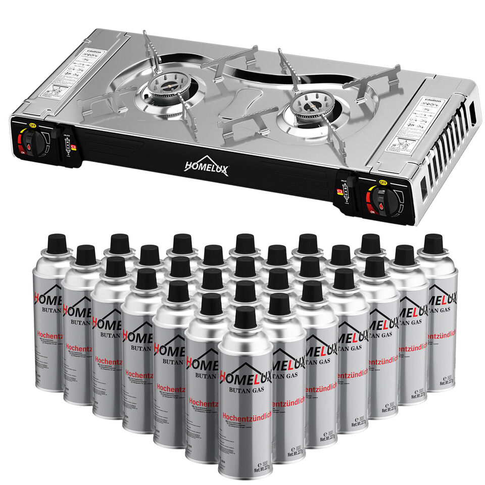 Zuverlässiger Homelux Campingkocher mit 2 Flammen für gleichmäßige Wärmeverteilung.
