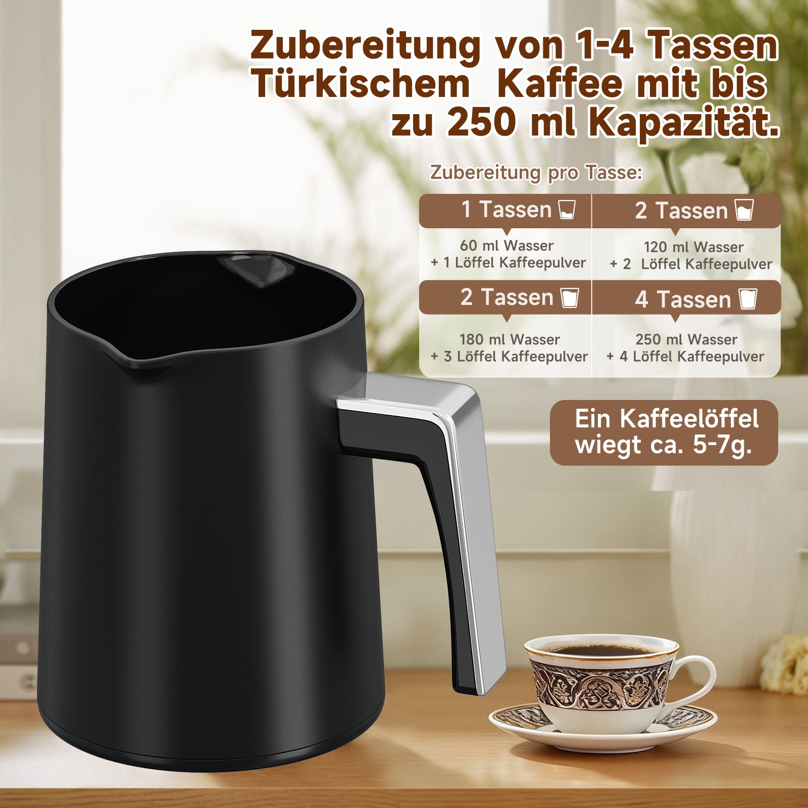 HOMELUX Türkische Kaffeemaschine 650W, Elektrischer Mokka-Zubereiter für 1-4 Tassen, 2 Brühmodi, Ein-Tasten-Bedienung, BPA-frei