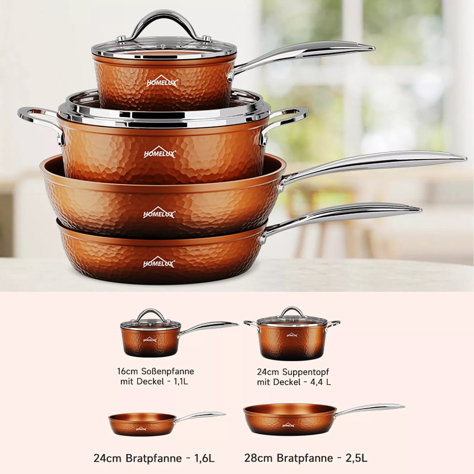 HOMELUX 6-teiliges Kochgeschirrset mit Antihaft-Granitbeschichtung auf Induktionsherd