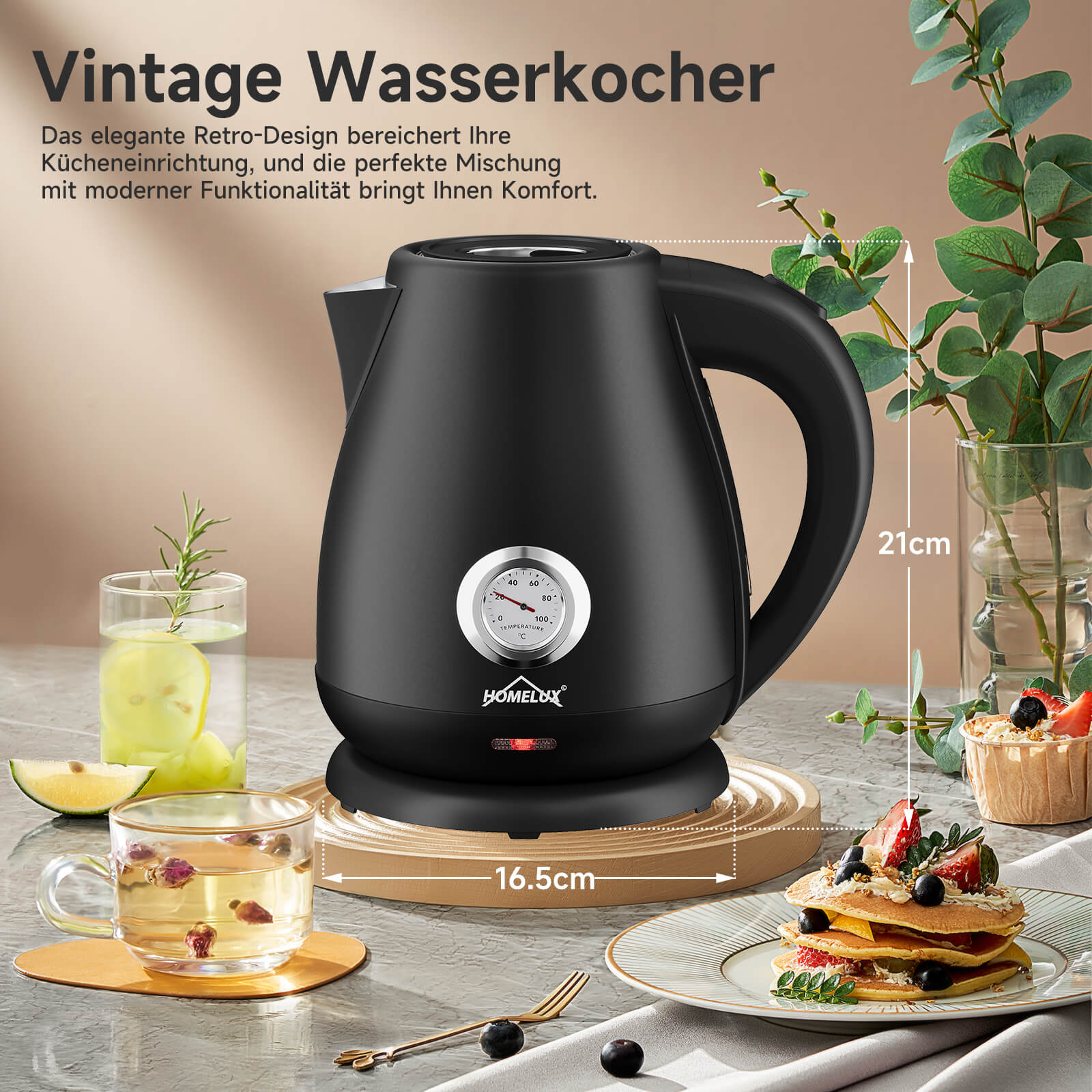 Eleganter Wasserkocher mit analoger Temperaturanzeige