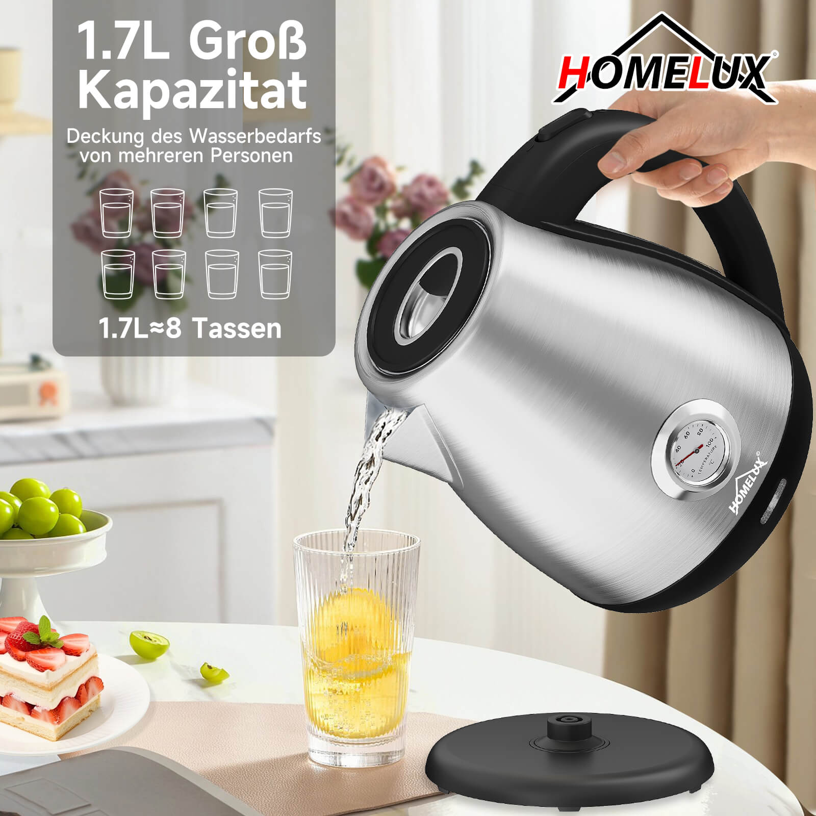 Klassischer Wasserkocher mit integriertem Thermometer