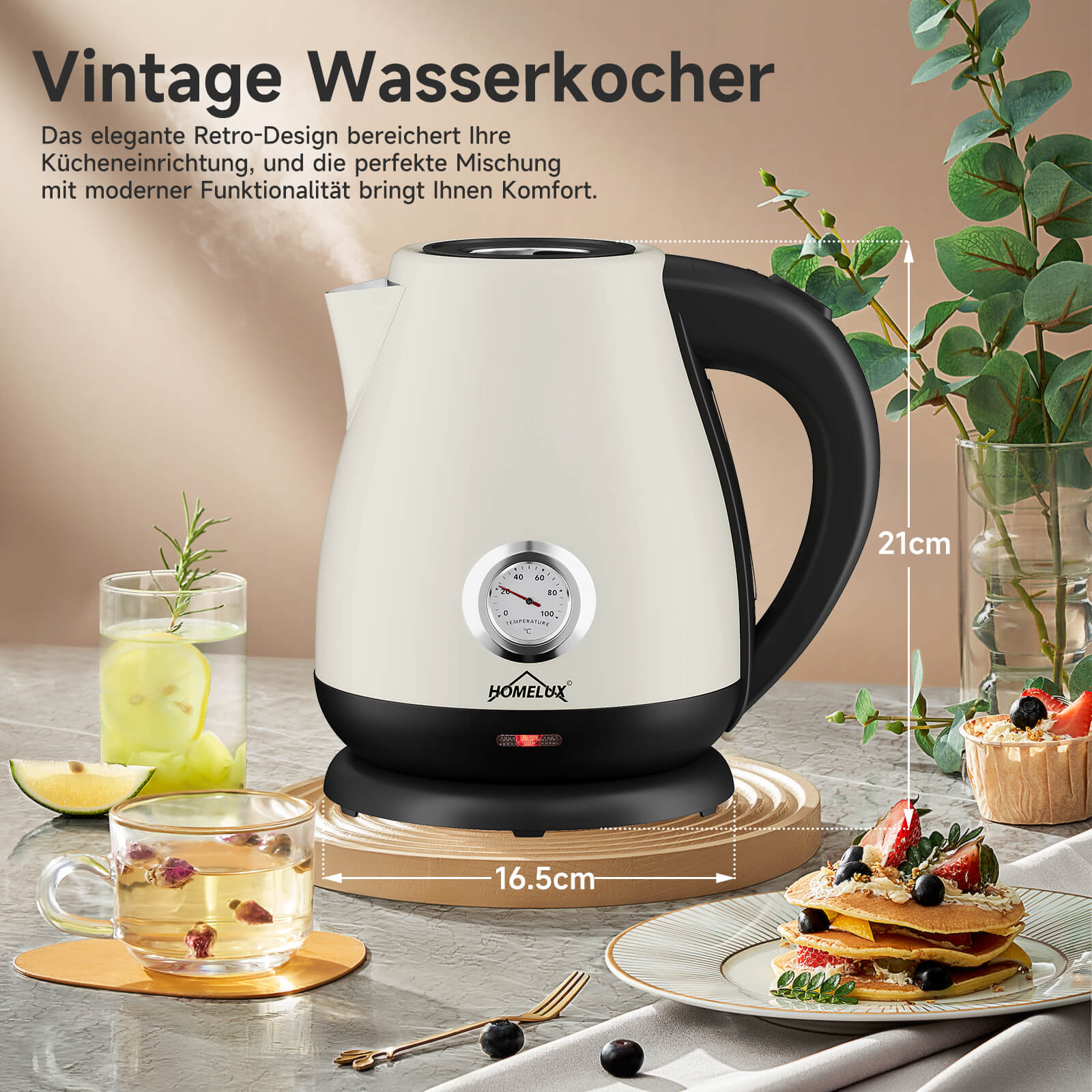 Robuster Retro Wasserkocher mit wärmeisoliertem Griff