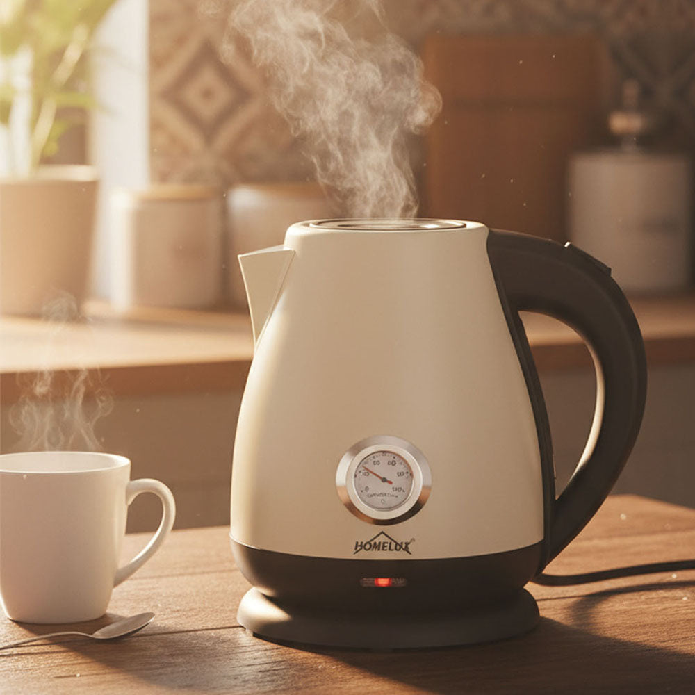 Elektrischer Retro Wasserkocher mit Thermometer – 1,7L, Edelstahl, 2200 Watt