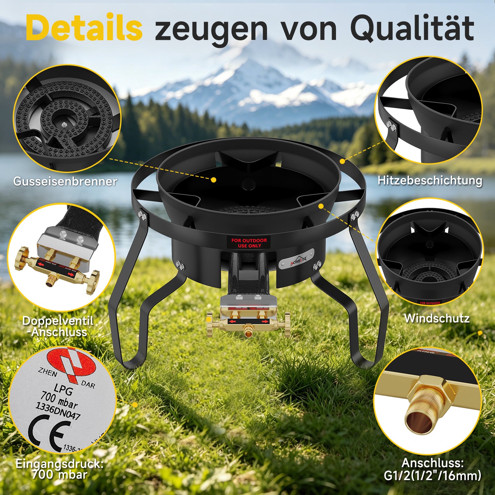 HOMELUX Hochdruck-Gasherd 11,5 kW, Hocker-Kocher aus Gusseisen, Doppelregelventil, Windschutz und Gasschlauch