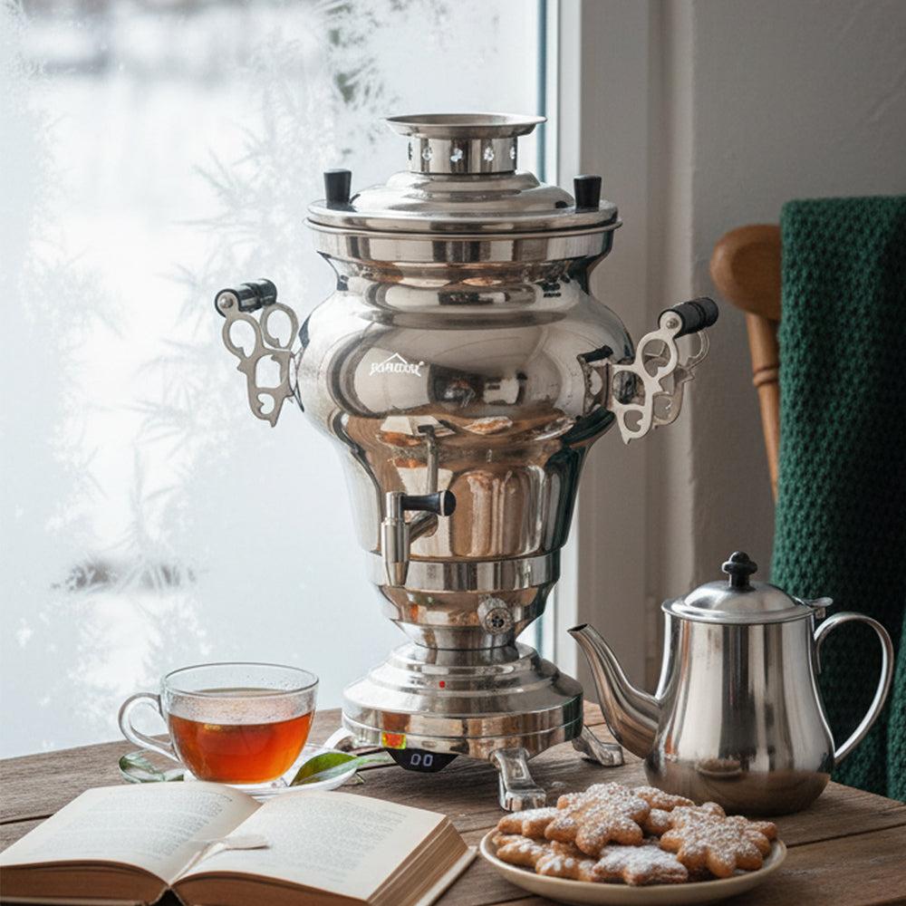 5L +1.6L / 2.5L +1.2L Elektrischer Samoware Edelstahl Teekocher mit 1850W, Warmhaltefunktion & Ablasshahn