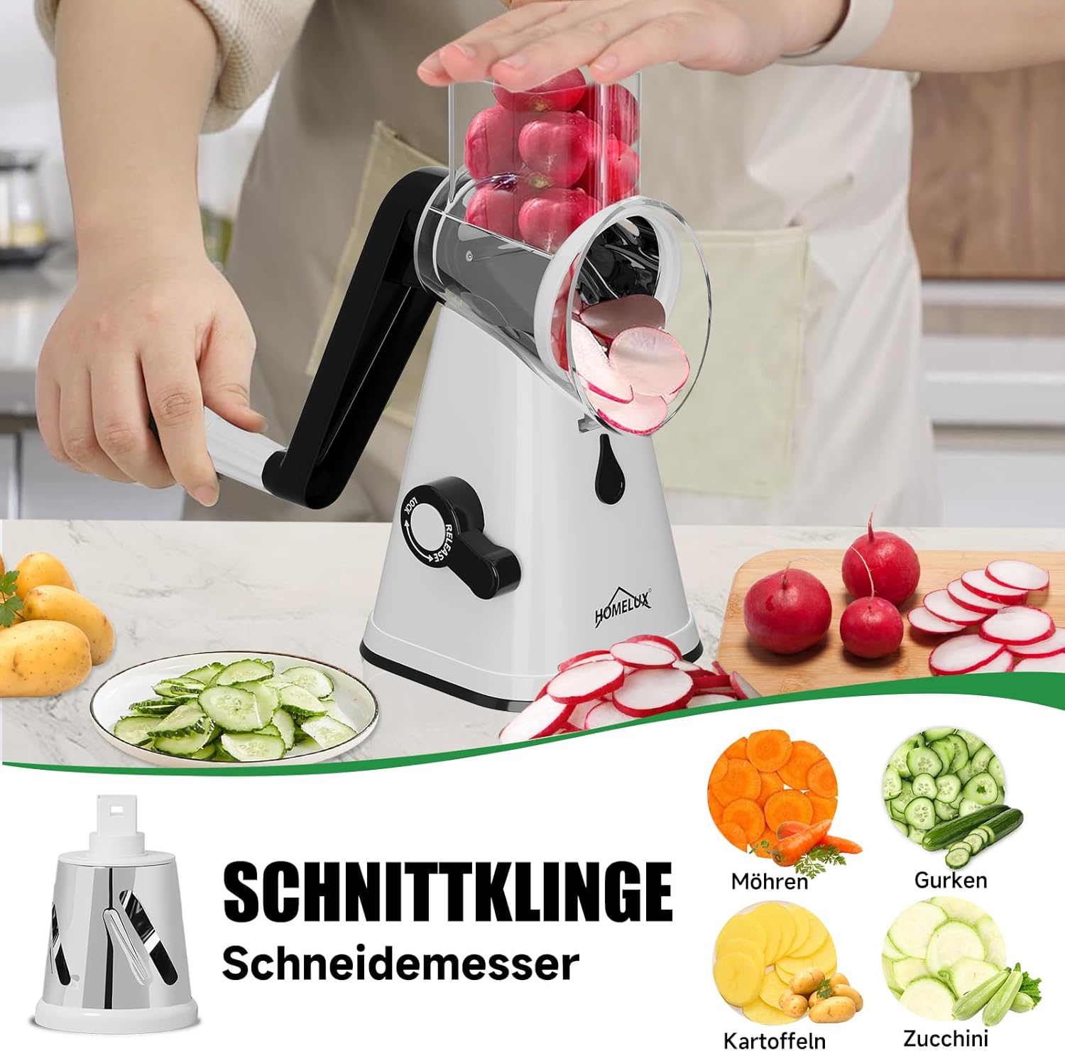 HOMELUX 3-fach Gemüse- und Käseschneider Drehscheibenreiber Handkurbel