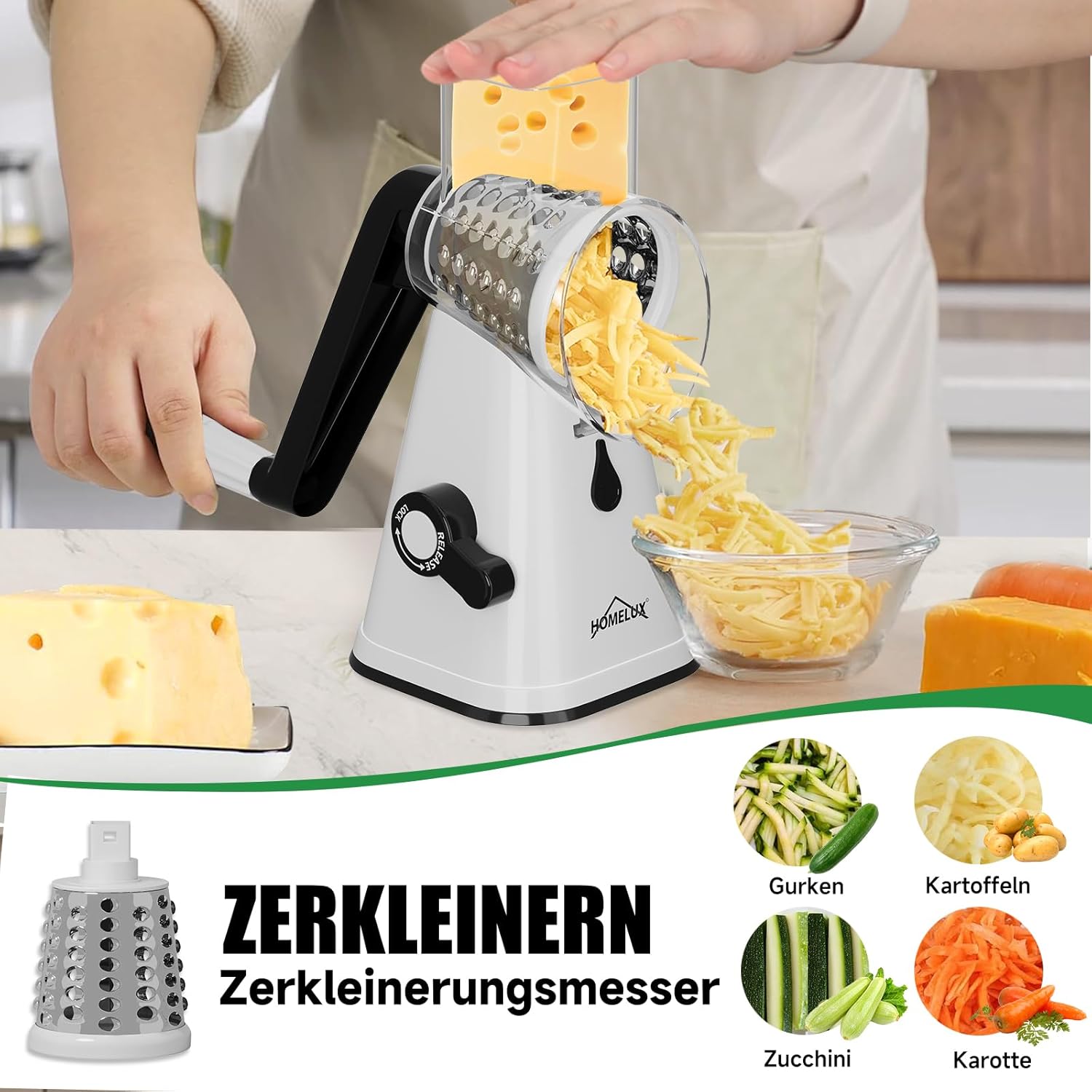 HOMELUX Drehscheibenreiber 3-fach Reibe für Gemüse und Käse Handkurbel