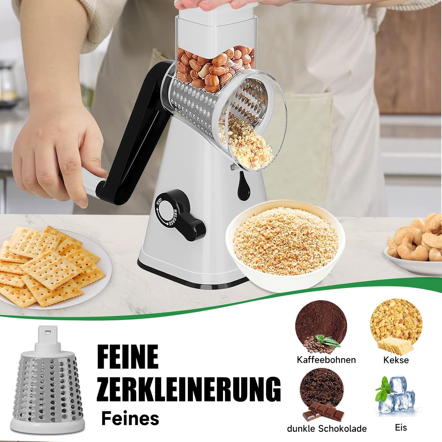 HOMELUX Gemüse- und Käseschneider 3-teilige Trommel Drehscheibenreiber