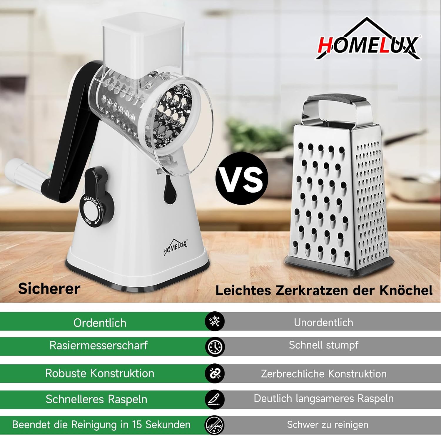 HOMELUX Universal-Reibe Drehscheibenreiber 3-fach Handkurbel Käseschneider
