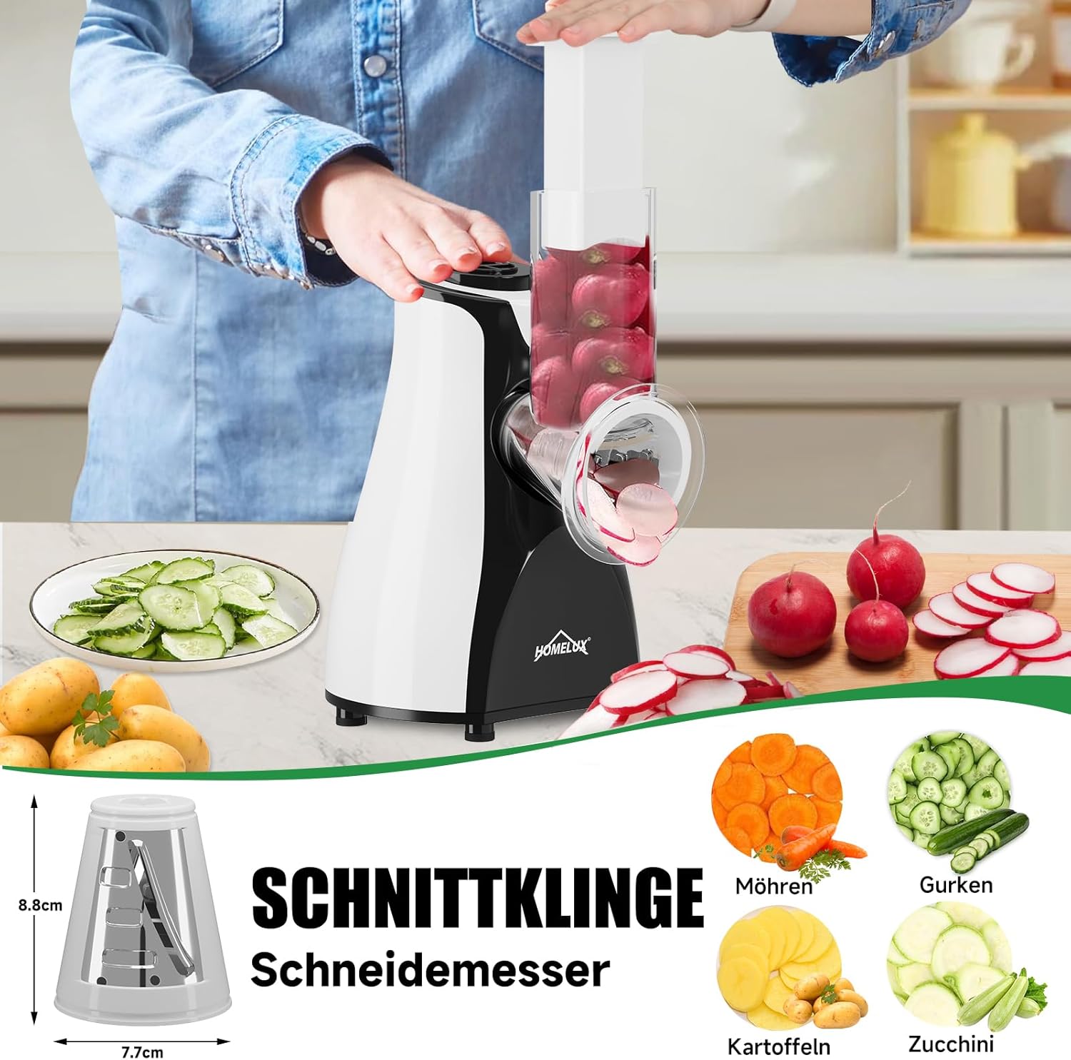 HOMELUX Elektr Gemüseschneider mit 5 Trommelklingen Käse- & Gemüsehobel