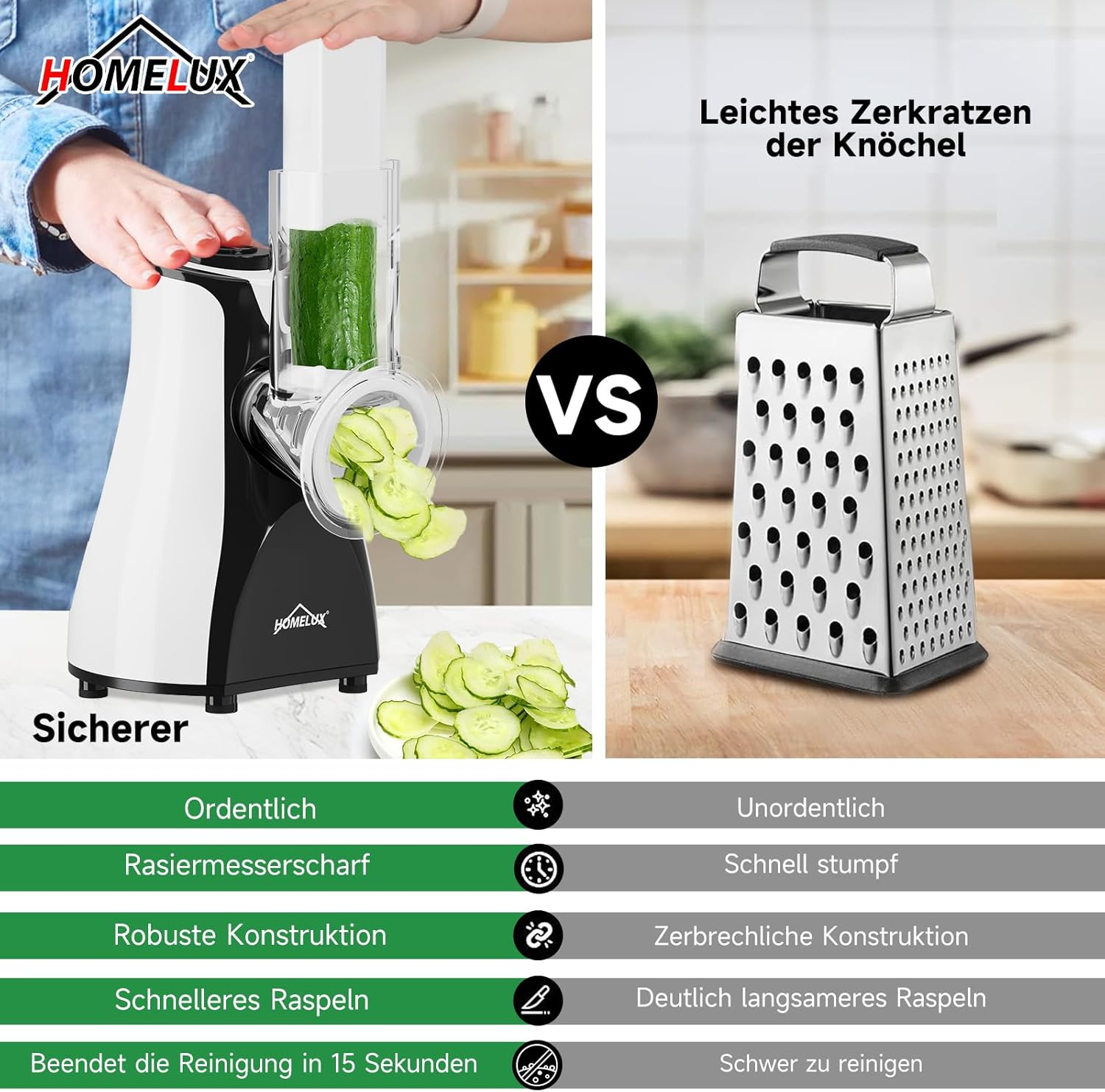 Elektrischer Gemüseschneider 5 Trommelklingen und 5-fach Reibe