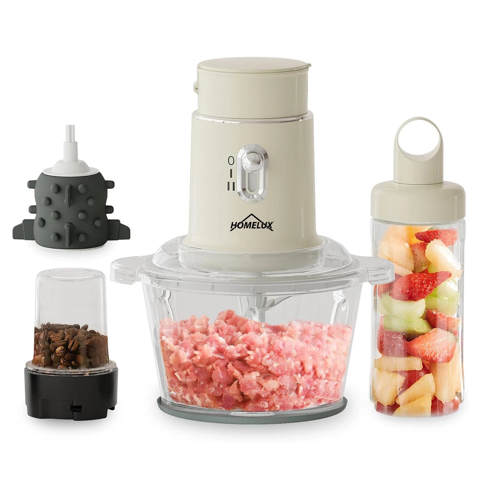 HOMELUX Küchenallrounder Zerkleinerer Mixer Mühle Knoblauchschneider 2L Glas 600ml Saftbecher