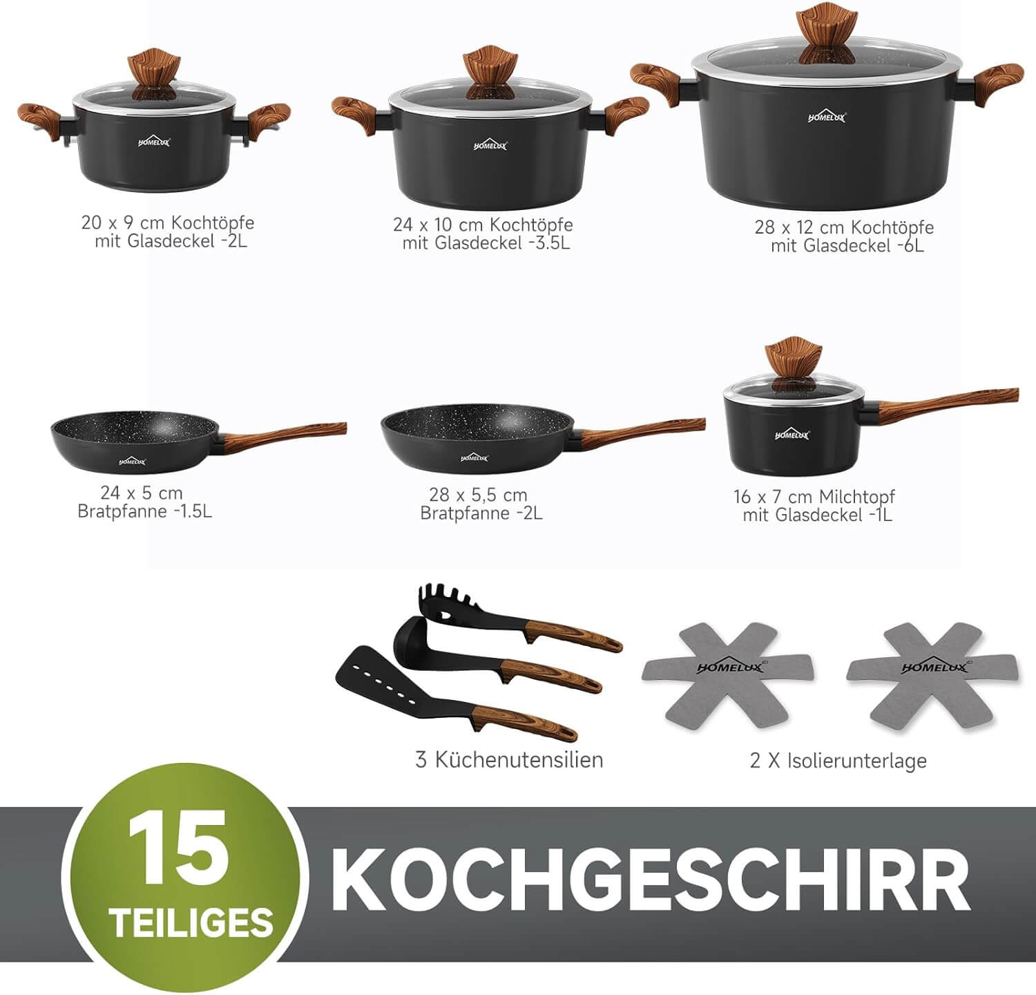 Topfset HOMELUX 15tlg Induktion Aluminiumguss Töpfe Pfannen mit Deckel, Antihaft Pfannenset