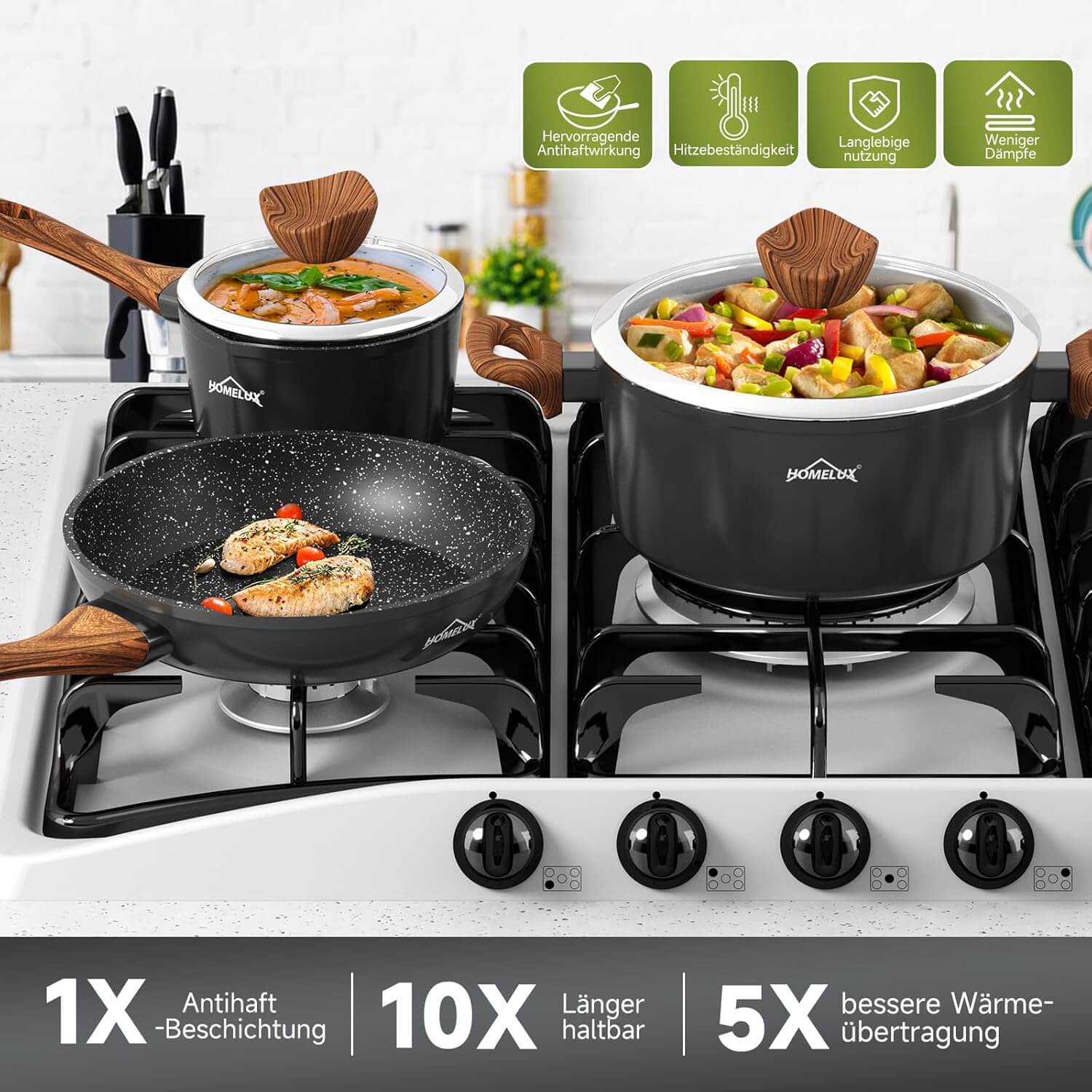 Topfset HOMELUX 15tlg Induktion Aluminiumguss Töpfe Pfannen mit Deckel, Antihaft Pfannenset