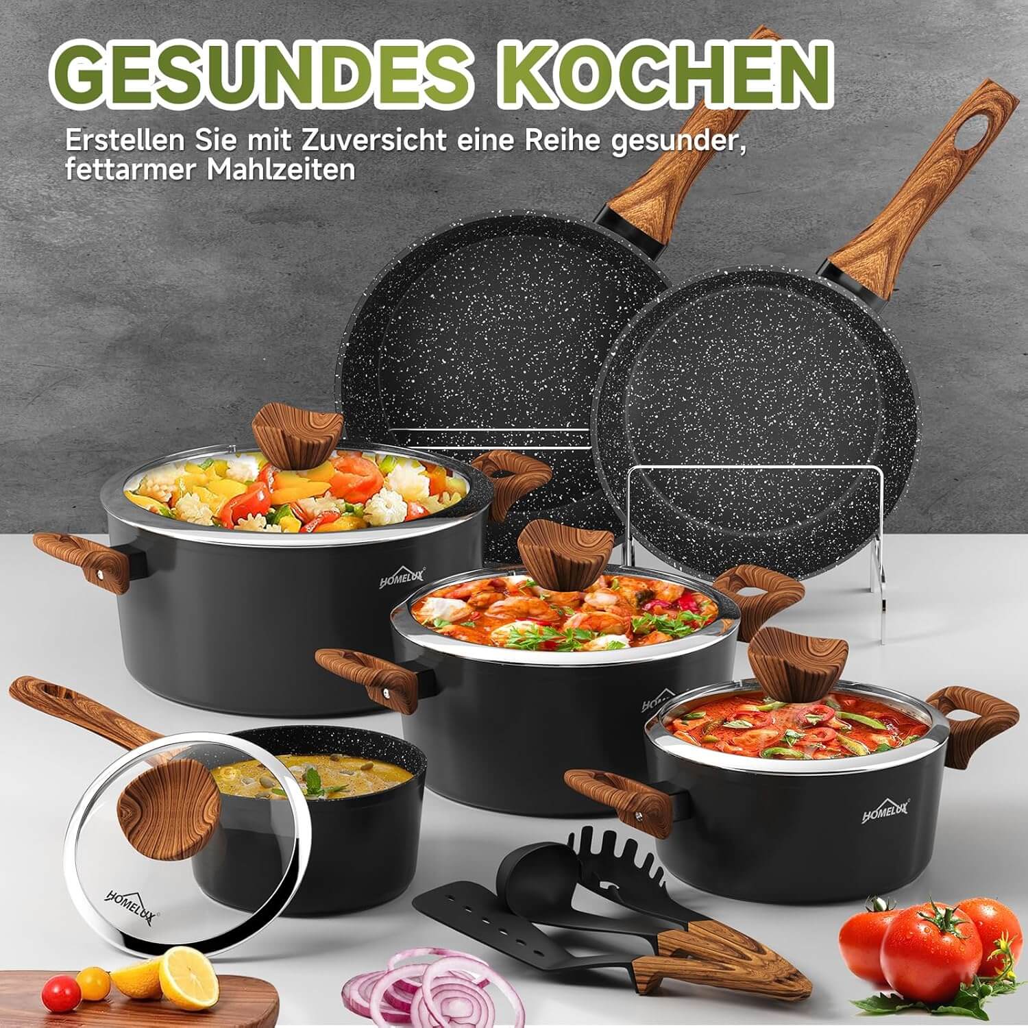 Topfset HOMELUX 15tlg Induktion Aluminiumguss Töpfe Pfannen mit Deckel, Antihaft Pfannenset