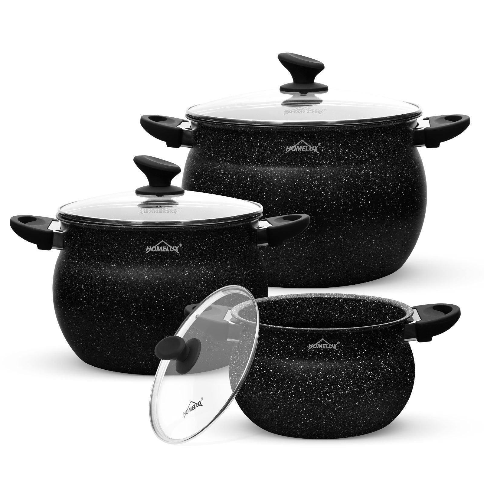 Homelux cooking pots set, induction, non-stick, dishwasher, glass lid, 20cm/4L, 24cm/8L, 28cm/12.5L