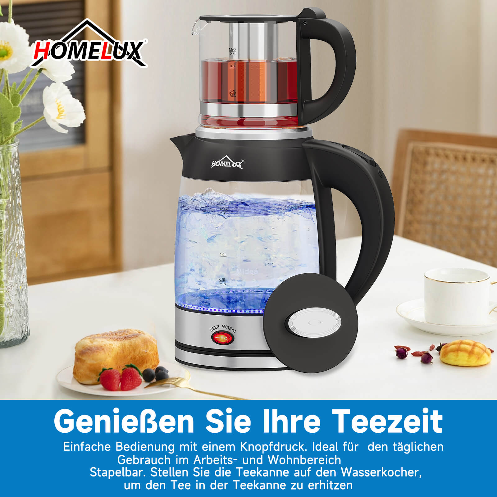 Teekocher mit starker 2200 Watt Leistung für schnelles Kochen