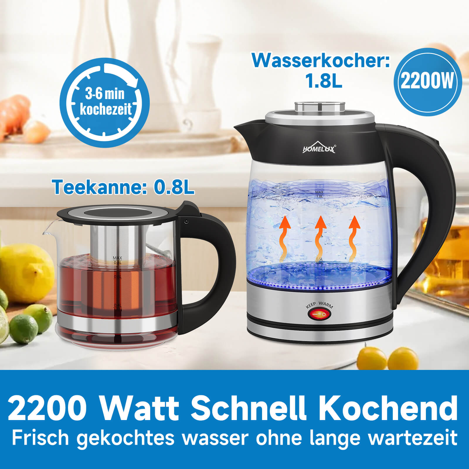 Langlebiger Teekocher aus Edelstahl und hitzebeständigem Glas